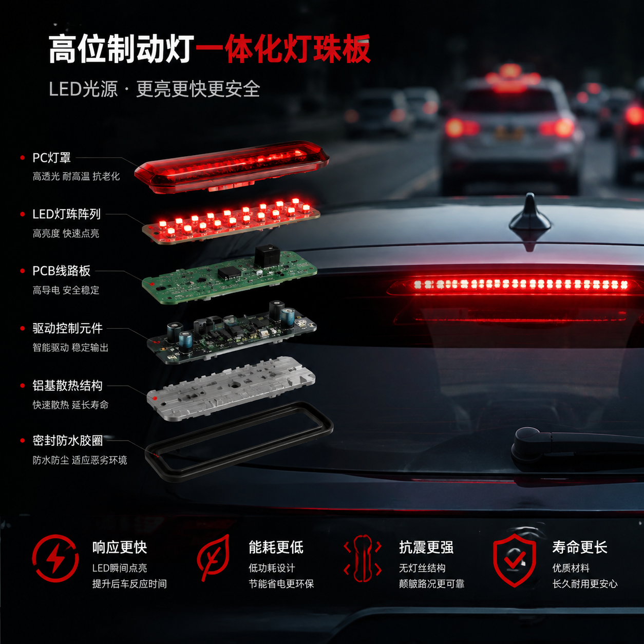 高位制动灯一体化灯珠板结构剖面与车辆安装展示
