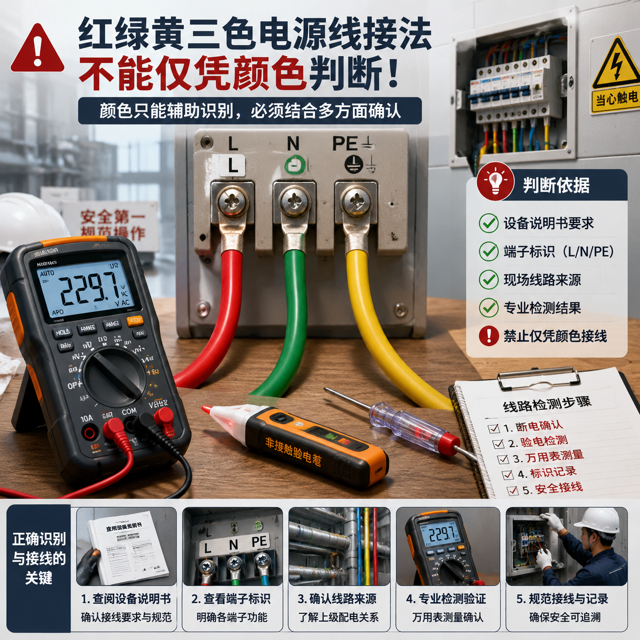红绿黄三色电源线接法不能仅凭颜色判断的核心主题插画：红色、绿色、黄色电源线连接到L、N、PE端子，旁边摆放数字万用表、验电笔和线路检测工具，背景为配电箱，强调必须结合设备说明书、端子标识和专业检测确认线路功能