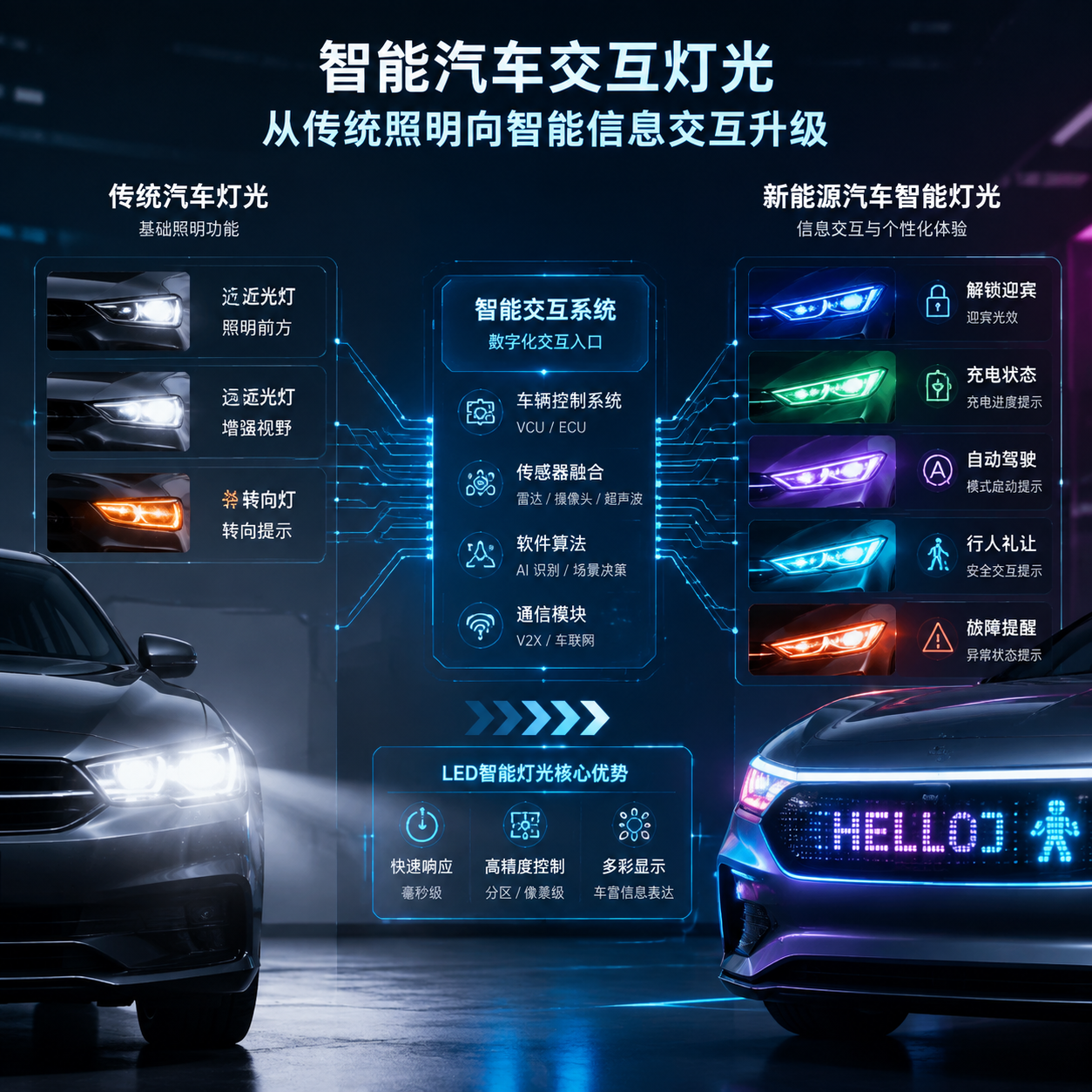横版构图,展示智能汽车交互灯光从传统照明向智能信息交互升级的整体场景。画面左侧为传统汽车前灯,仅呈现近光灯、远光灯和转向灯的基础照明效果;右侧为新能源汽车智能车灯,通过不同颜色、亮度和动态灯效向外界传递信息,例如车辆解锁时的迎宾光效、充电状态显示、自动驾驶模式启动提示。中间加入半透明科技连接线,表现车灯与车辆控制系统、传感器、软件算法融合的数字化交互入口。整体采用未来汽车科技展厅风格,突出LED快速响应、高精度控制带来的智能化变化,光影清晰,适合公众号文章开篇视觉展示。English note: futuristic smart vehicle lighting evolution, interactive LED system, digital automotive technology, horizontal composition.