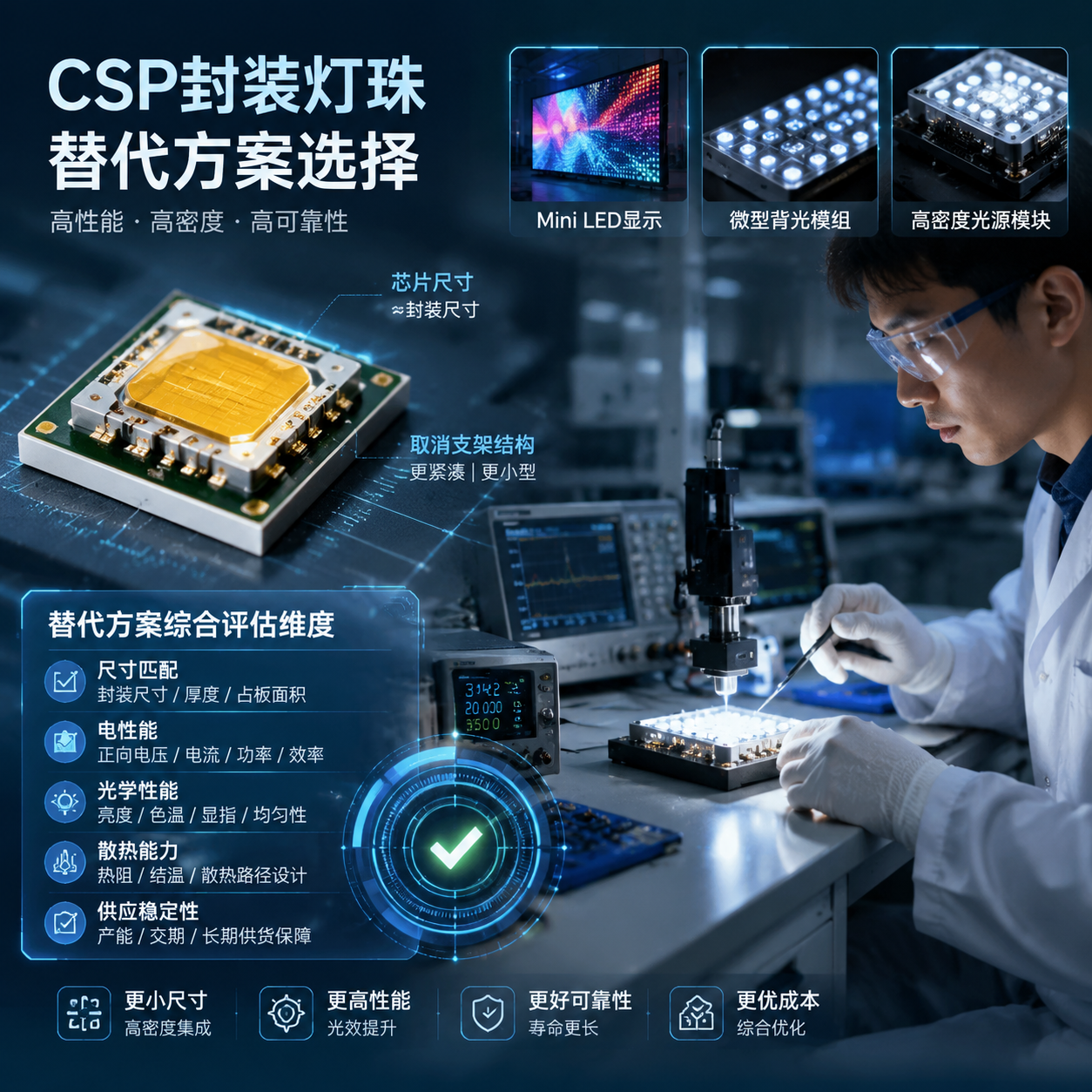 用于文章开篇,表现CSP封装灯珠替代方案选择这一核心主题。横版科技工业风构图,画面左侧展示微型CSP LED灯珠的精密芯片级封装结构放大视图,突出芯片尺寸接近封装尺寸、取消传统支架结构后的紧凑形态;右侧展示工程师在实验室中对LED光源模块进行参数比对测试,背景包含Mini LED显示、微型背光模组、高密度光源模块等应用场景的抽象融合元素。画面加入尺寸匹配、电性能、光学性能、散热能力、供应稳定性等选型关键词的科技信息面板,体现寻找替代方案需要综合评估多个因素。整体采用高清产品摄影结合3D技术示意风格,横向布局,适合公众号首图展示。
