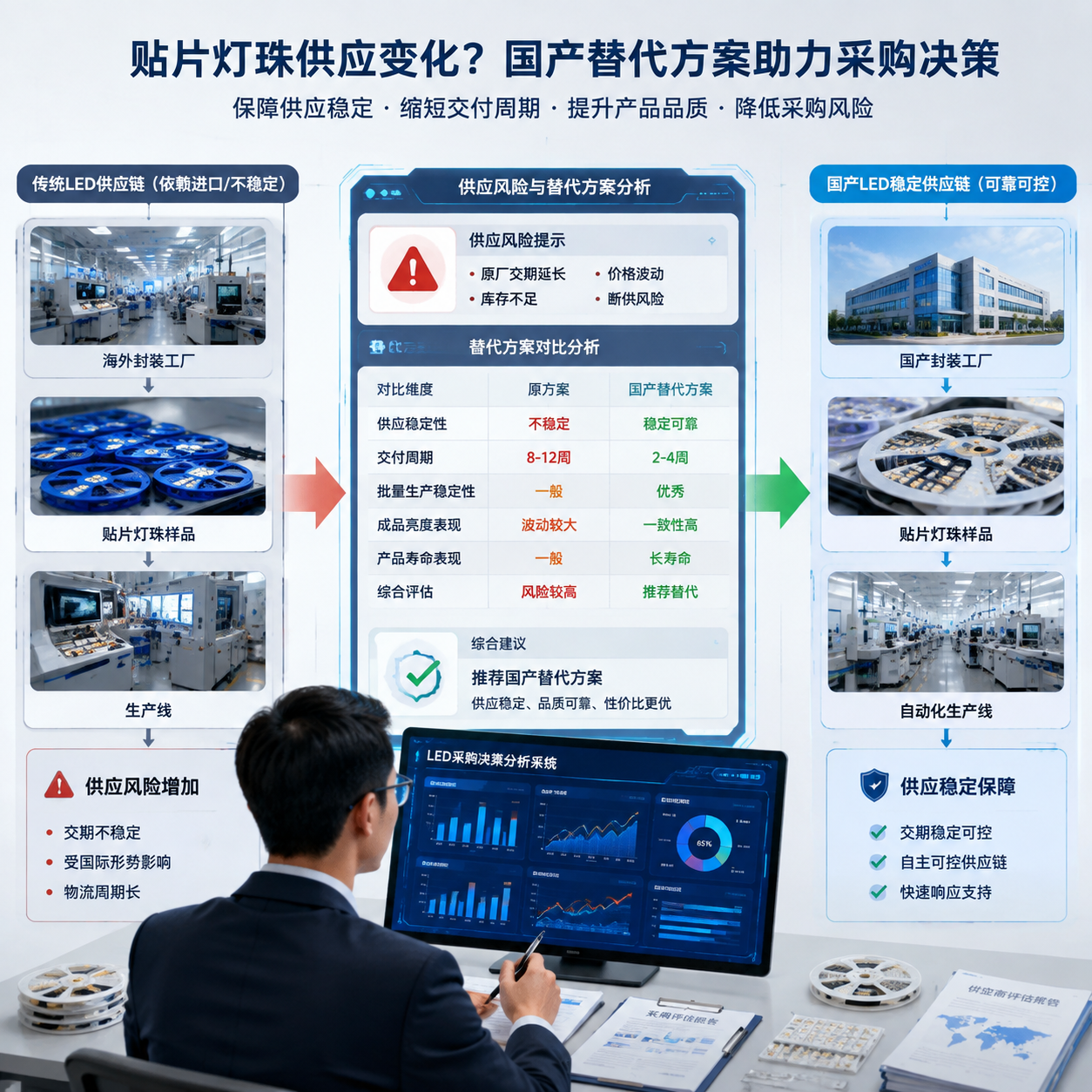 横版构图，表现LED采购企业面对贴片灯珠供应变化时寻找国产替代方案的场景。画面左侧为传统LED供应链节点示意，包括封装工厂、贴片灯珠样品盘、生产线，中间出现供应风险提示与替代方案分析界面，右侧展示稳定运行的国产LED封装供应链。重点突出文章开篇提到的供应稳定性、产品交付周期、批量生产稳定性、成品亮度和寿命表现等问题。整体采用现代工业科技风格，蓝白色调，真实企业采购决策场景，适合作为文章开篇视觉引导。English note: industrial LED supply chain risk and replacement solution illustration.