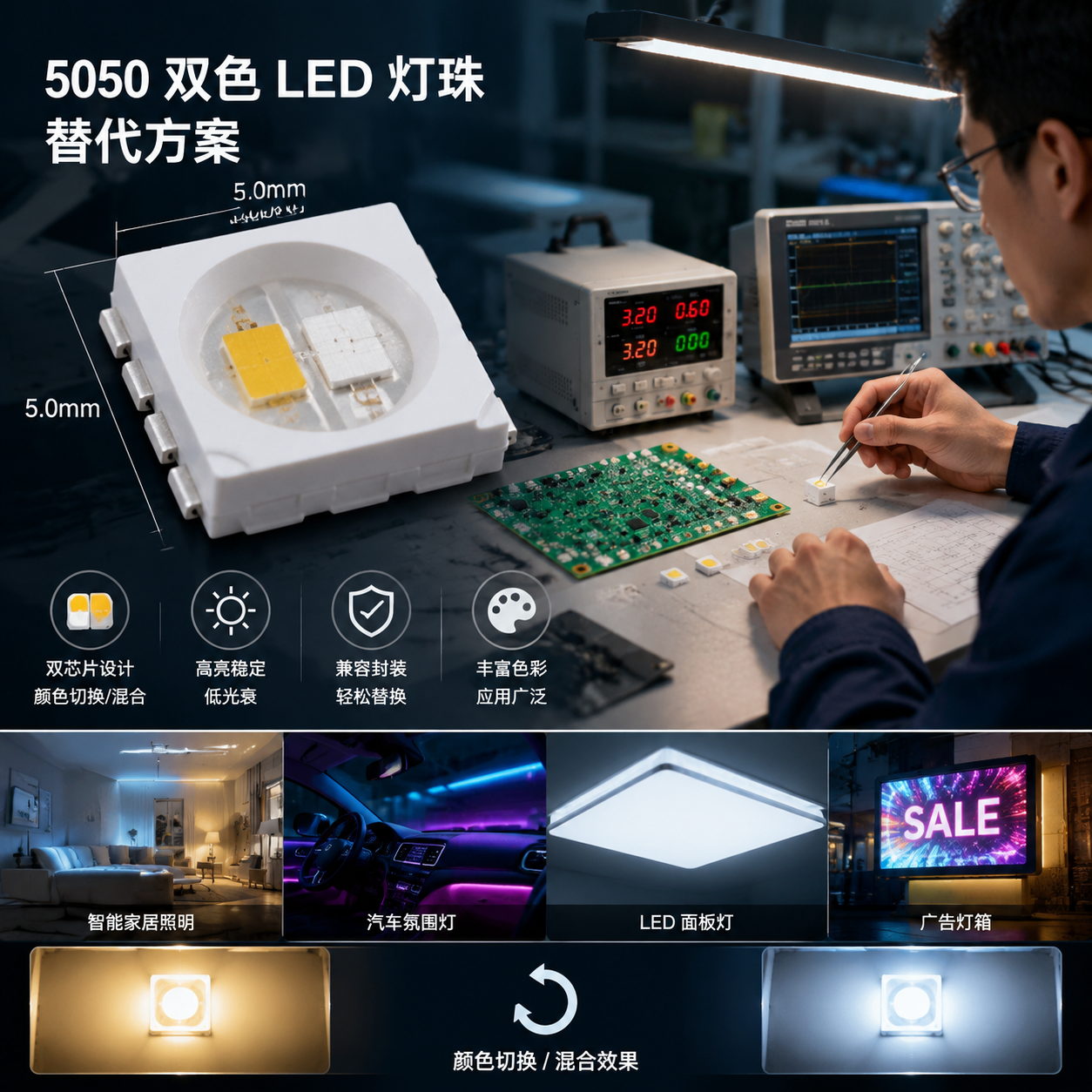 横版科技产品概念图,展示5050双色LED灯珠替代方案的核心主题。画面左侧为一组尺寸约5.0mm×5.0mm的SMD贴片双色LED灯珠微距放大展示,可看到内部双芯片结构示意;右侧为正在进行LED产品选型的工程师工作场景,桌面摆放PCB板、灯珠样品和参数检测设备。背景融入智能家居灯具、汽车氛围灯、LED面板灯、广告灯箱等应用缩影,体现双色灯珠通过两颗LED芯片实现颜色切换和混合效果。整体采用高精度工业摄影风格,突出封装兼容、替换需求和技术选型氛围,横向构图适合公众号首图展示。English: high-tech LED replacement concept, SMD 5050 dual color LED, engineering workspace, industrial product photography, horizontal layout.