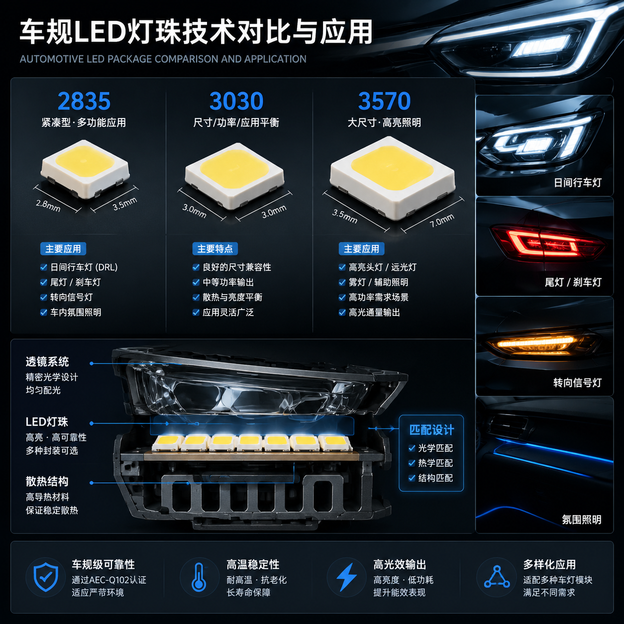 横版构图,展示车规LED灯珠技术对比与应用验证场景。画面中心为三种不同封装形式的LED灯珠实物放大展示,包括2835、3030、3570封装,旁边以清晰的信息面板呈现尺寸特点和应用方向:2835用于日间行车灯、尾灯、信号灯和氛围照明;3030体现尺寸、功率和应用灵活性平衡;3570展示较大封装和高亮照明需求。下方加入车灯模组光学结构剖面示意,体现灯珠、透镜、散热区域之间的匹配关系。画面需要突出汽车照明模块实际落地应用,避免重复供应链内容,采用精密产品摄影结合工业信息图风格,横版排版。English note: automotive LED package comparison infographic, 2835 3030 3570 components, product visualization.