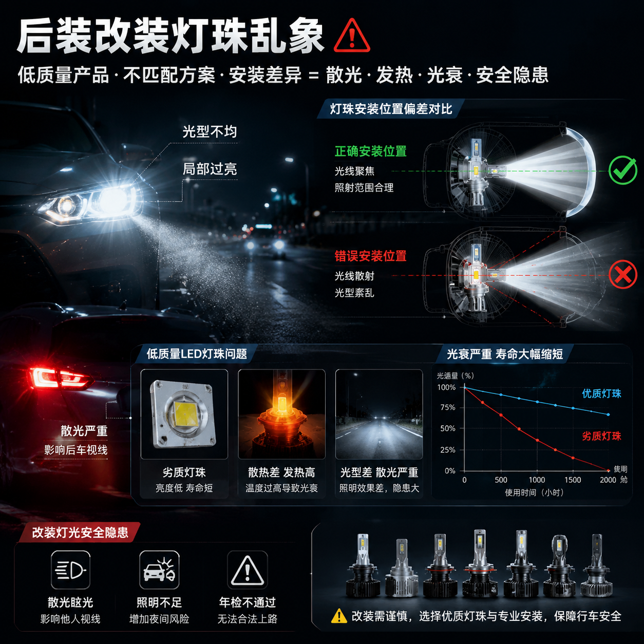横版汽车灯光技术科普场景，展示“后装改装灯珠乱象”的核心问题。画面左侧为一辆夜间行驶的汽车前灯与尾灯局部特写，灯光出现明显散射、局部过亮和光型不均现象；右侧以半透明剖面示意展示LED灯珠安装在原车灯具中的位置偏差，对比正确光线聚焦区域与错误散射区域。画面中融入低质量LED灯珠、发热区域、光衰曲线等视觉元素，体现文章中提到的低质量产品、不匹配改装方案、安装技术差异导致的散光、发热、光衰和安全风险。整体采用真实汽车摄影结合科技信息图风格，深色夜景背景，突出汽车灯光安全主题，横向构图适合公众号头图展示。