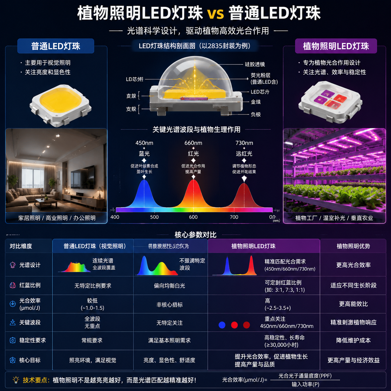 横版技术原理示意图，展示植物照明LED灯珠与普通LED灯珠的区别以及光谱应用。画面中央为LED灯珠结构放大剖面，对比两组光谱曲线：蓝光约450nm、红光约660nm、远红光约730nm三个波段清晰标注；左侧为普通LED灯珠用于视觉照明的场景，右侧为植物工厂、温室补光环境中的植物照明灯珠应用，整体采用高精度工程插画风格