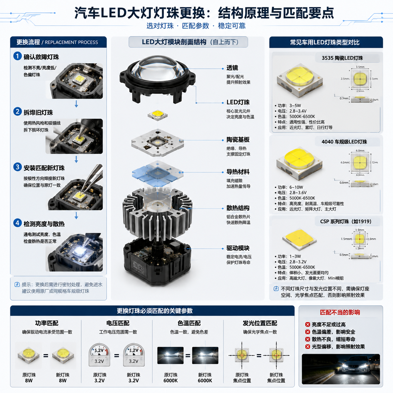 横版技术示意图风格，展示汽车LED大灯更换灯珠的核心流程与结构原理。画面中央为拆解后的LED汽车大灯模块剖面结构，从上到下依次展示透镜、LED灯珠、陶瓷基板、导热材料、散热结构以及驱动模块。旁边以流程形式呈现“确认故障灯珠→拆焊旧灯珠→安装匹配新灯珠→检测亮度与散热”的维修步骤。重点标注3535陶瓷LED灯珠、4040车规级LED灯珠、CSP系列灯珠的尺寸差异和应用特点，体现功率、电压、色温、发光位置需要匹配的要求。整体采用汽车电子工程图与产品拆解展示结合风格，背景干净，突出技术细节。横版构图，适合文章中段解释灯珠选择和更换方法。English: automotive LED headlight exploded diagram, LED replacement process, engineering infographic.