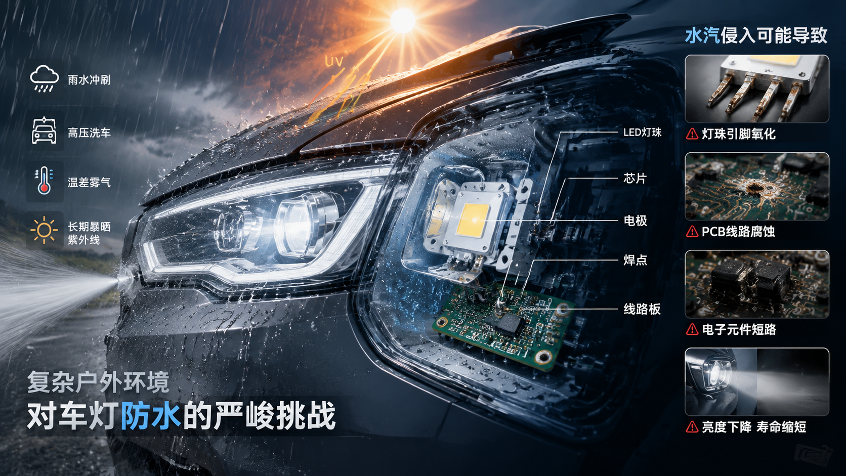 汽车LED车灯长期户外防水挑战插画,雨水高压洗车温差结露,剖面图展示灯体内部LED灯珠芯片电极焊点线路板水汽腐蚀风险