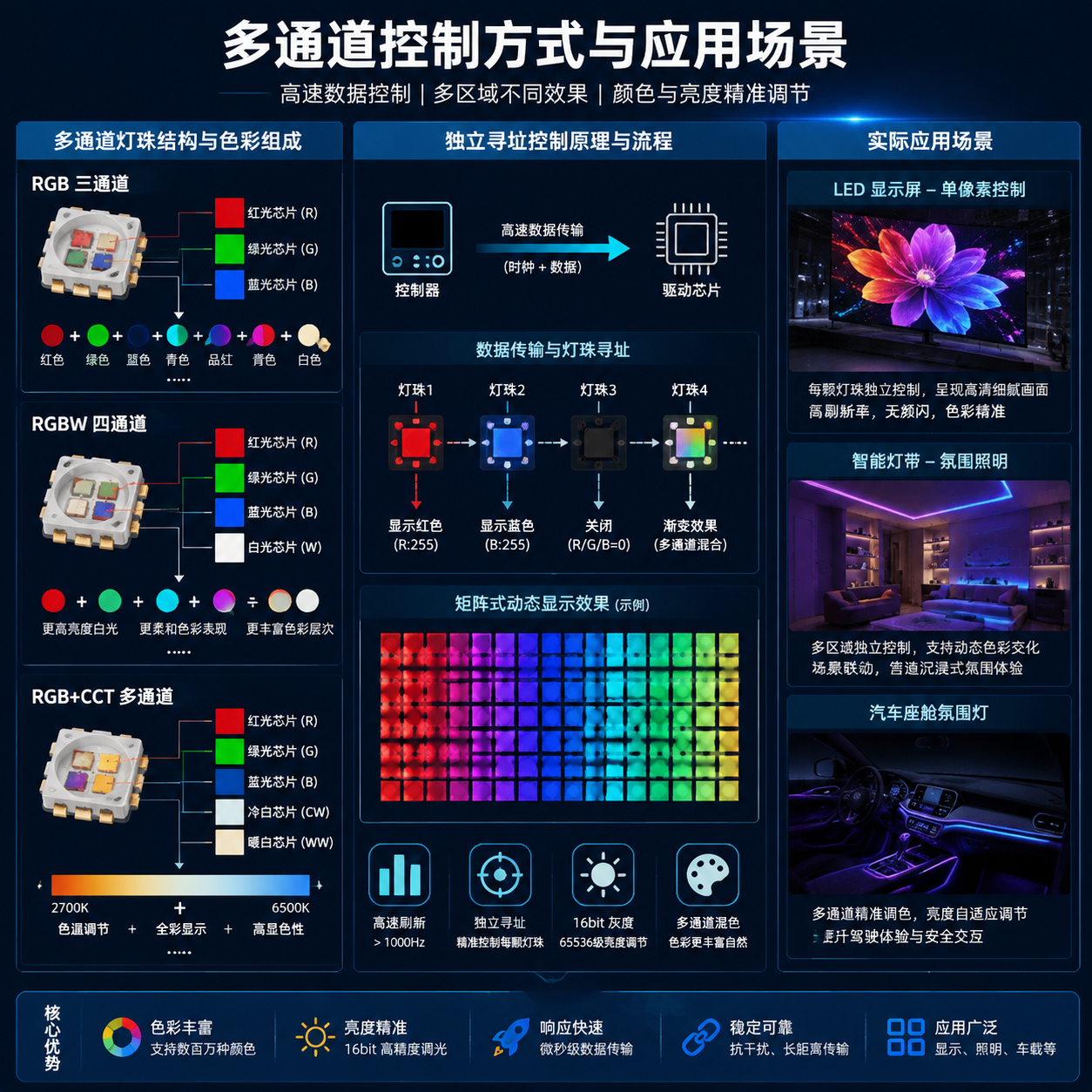 横版原理与应用结合信息图:左侧RGB三通道、RGBW四通道、RGB+CCT灯珠结构示意图展示不同颜色形成过程,中间独立寻址流程示例(第一颗红、第二颗蓝、第三颗关、第四颗渐变),右侧LED显示屏、智能灯带、汽车座舱氛围灯三个应用场景小图,体现高速数据控制、多区域不同效果与精准调节。