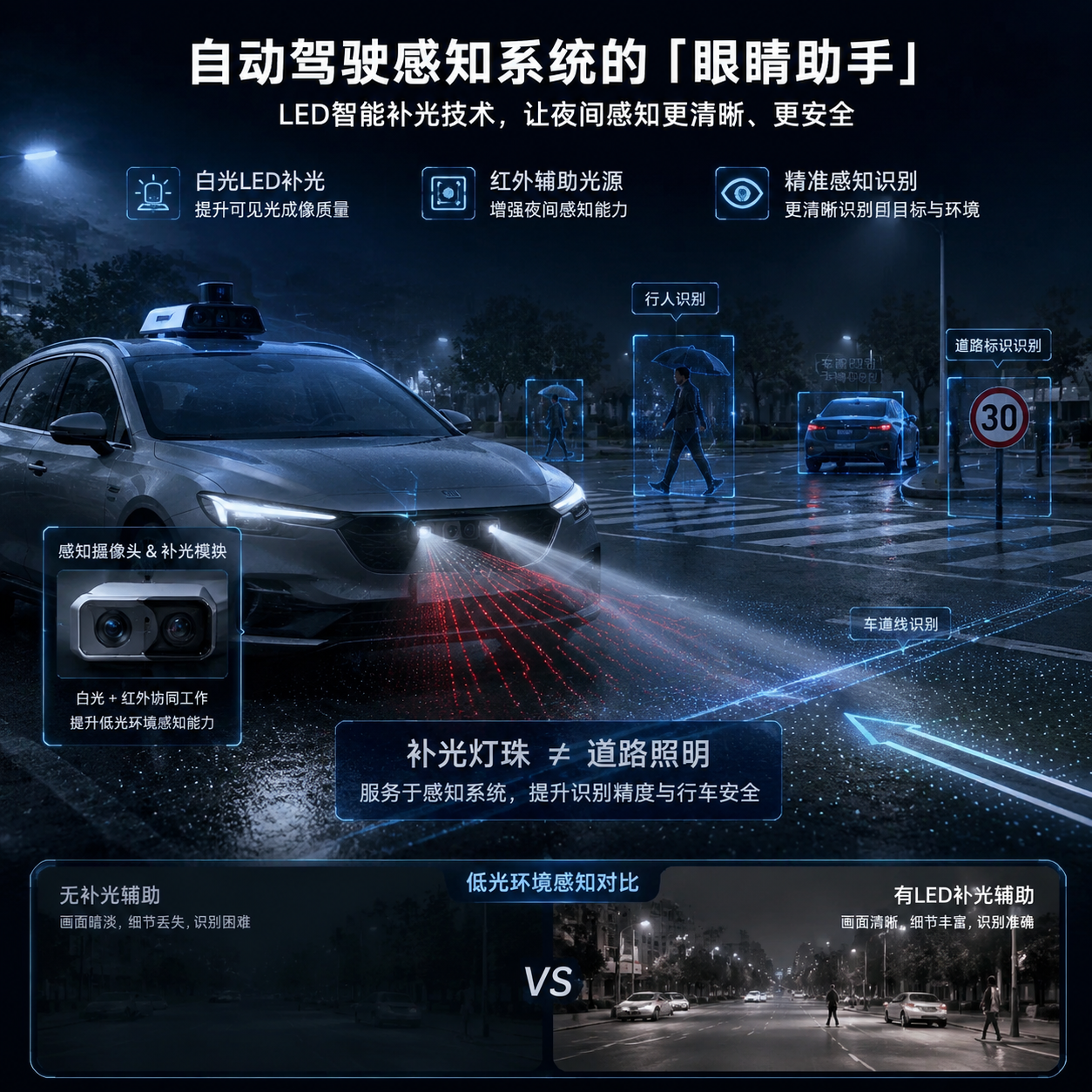 自动驾驶感知系统补光灯珠在夜间、雨雾、地下车库等低光环境下工作的横版科技感场景图:智能汽车前方搭载摄像头与感知模块,周围显示行人车辆道路标识等识别目标,白光LED与红外辅助光束形成稳定补光,半透明数据流与传感器扫描效果突出补光灯珠服务于感知系统而非普通道路照明的概念,体现夜间感知不足的解决之道,汽车智能科技宣传风格,真实光影,适合公众号头图排版