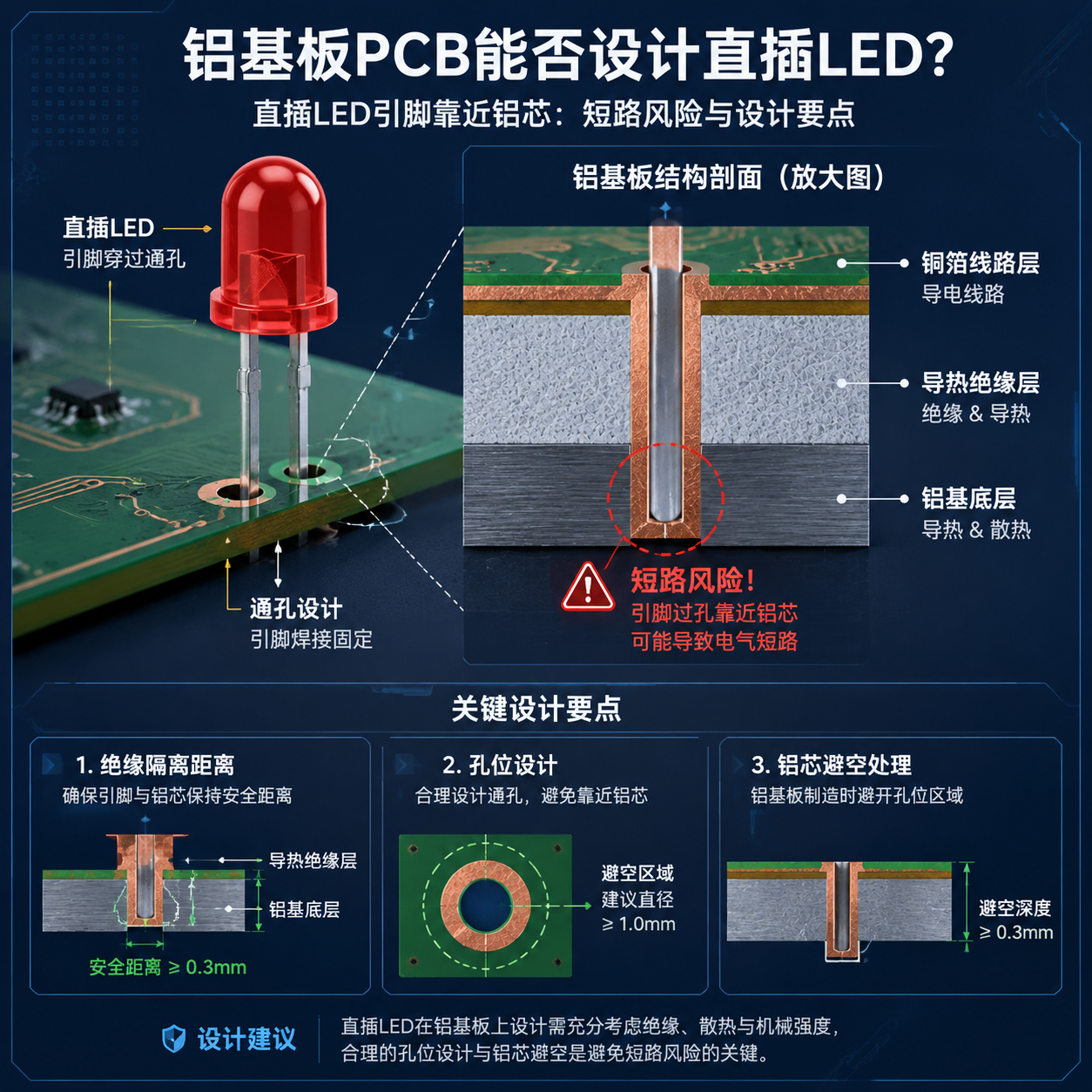 铝基板直插LED设计挑战示意图,展示LED引脚穿过铝基板结构时,铜箔、绝缘层、铝基层剖面及潜在短路风险,强调绝缘隔离和孔位设计的重要性。