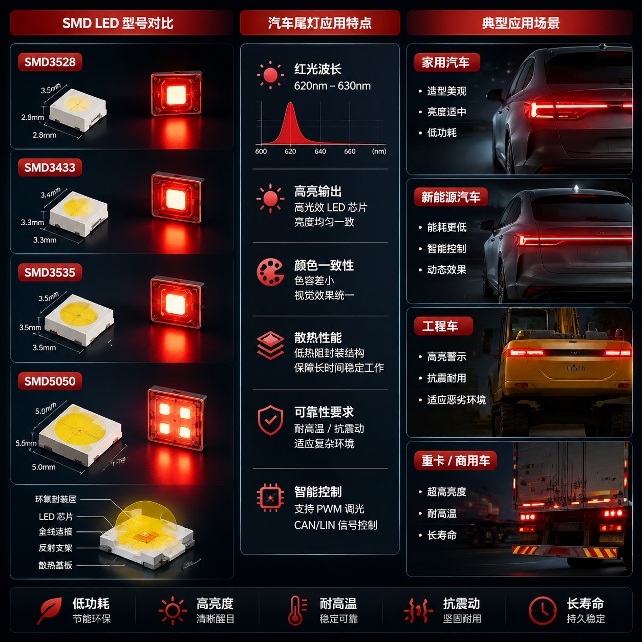 横版技术示意图，围绕汽车刹车尾灯SMD LED选型与应用场景展开，左侧展示不同型号SMD贴片灯珠模块对比包括SMD3528小尺寸方案、SMD3433紧凑型方案、SMD3535高亮度方案、SMD5050多芯片结构方案，中间参数信息板展示红光波长620nm-630nm、亮度一致性、光线均匀性和散热性能，右侧展示家用汽车、新能源汽车、工程车与重卡尾灯实际安装场景，融合信息图表与产品实拍风格，强调技术结构和应用关联