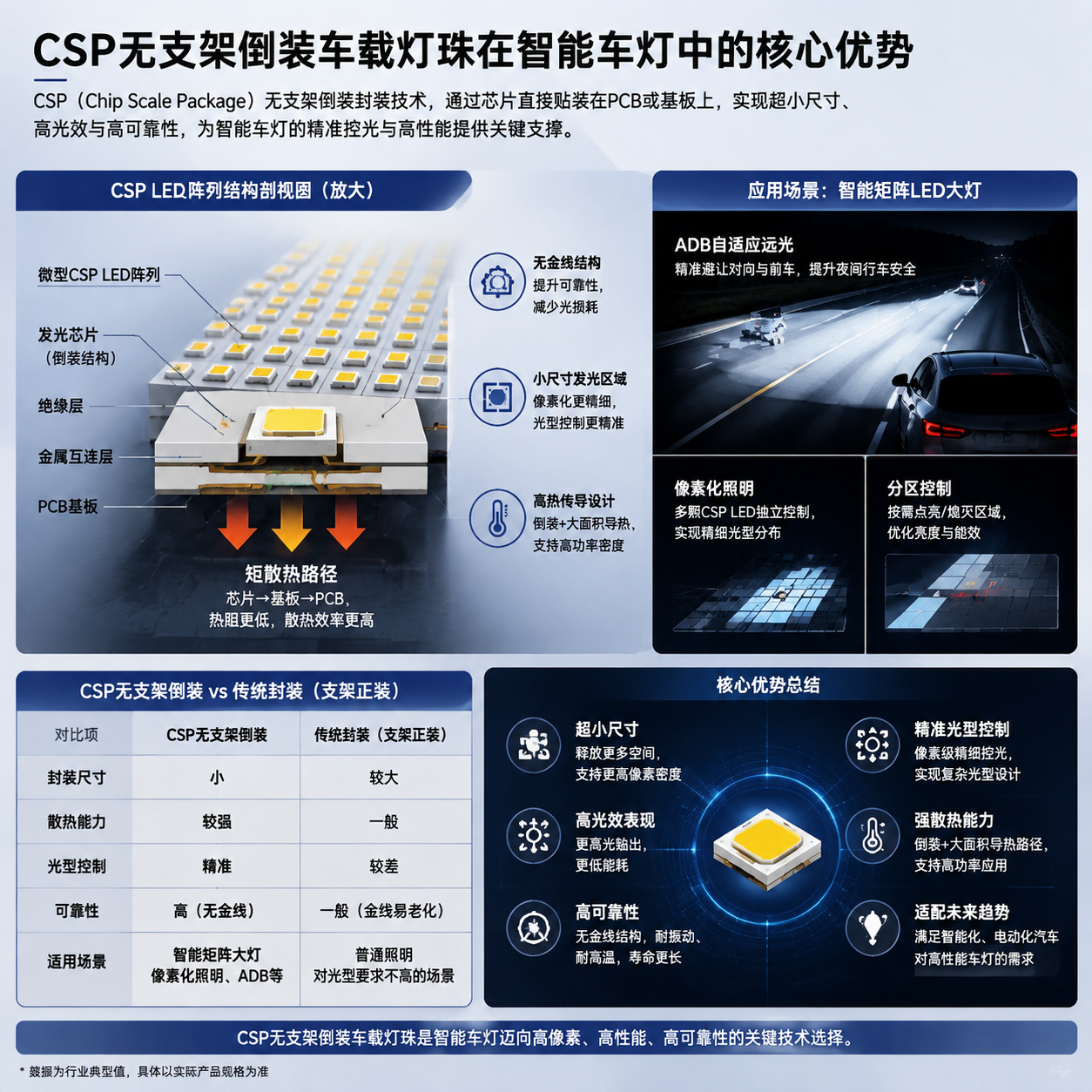 CSP 无支架倒装车载灯珠优势图:中心微型CSP LED阵列PCB剖视图(标注短散热路径、无金线结构、小尺寸发光区域),右侧汽车矩阵LED大灯工作场景(多颗独立CSP LED单元形成精准光束控制),参数展示(封装尺寸小、散热能力较强、光型控制精准)</p><h2>五、CSP 无支架倒装车载灯珠应用场景</h2><h3>5.1 汽车前大灯</h3><p>汽车前大灯是 CSP 车载灯珠的重要应用方向。</p><p>包括:</p><ul><li>远光灯;</li><li>近光灯;</li><li>辅助照明灯。</li></ul><p>应用时主要关注:</p><ul><li>光通量输出;</li><li>热管理能力;</li><li>配光效果;</li><li>长时间工作稳定性。</li></ul><h3>5.2 汽车日行灯 DRL</h3><p>日行灯需要长时间保持点亮状态,因此对灯珠稳定性要求较高。</p><p>CSP 的低热阻特点,可以满足持续工作的应用需求。</p><p>选型时还需要结合:</p><ul><li>光色一致性;</li><li>工作环境温度;</li><li>驱动方式。</li></ul><h3>5.3 转向灯和尾灯</h3><p>CSP 也可应用于:</p><ul><li>转向灯;</li><li>尾灯;</li><li>车身装饰照明。</li></ul><p>其小尺寸特点能够为灯具结构设计提供更多空间。</p><h3>5.4 智能矩阵车灯</h3><p>智能矩阵车灯通常需要多个独立控制光源。</p><p>CSP LED 阵列可以帮助实现:</p><ul><li>动态照明;</li><li>分区控制;</li><li>减少对其他车辆的眩光影响。</li></ul><h2>六、CSP 无支架倒装车载灯珠如何选型?</h2><h3>6.1 关注关键光电参数</h3><p>选择 CSP 车载灯珠时,通常需要确认以下参数:</p><table><thead><tr><th>参数</th><th>影响</th></tr></thead><tbody><tr><td>功率</td><td>决定输出亮度</td></tr><tr><td>电压</td><td>影响驱动匹配</td></tr><tr><td>色温</td><td>影响视觉效果</td></tr><tr><td>光效</td><td>影响能耗表现</td></tr><tr><td>热阻</td><td>影响温度控制</td></tr></tbody></table><h3>6.2 确认车规可靠性要求</h3><p>汽车环境比普通照明环境更加复杂。</p><p>选型时可重点确认:</p><ul><li>高低温测试情况;</li><li>湿热测试要求;</li><li>长时间点亮表现;</li><li>是否满足相关车载可靠性要求。</li></ul><p>例如 AEC-Q101 等标准,通常用于评估汽车电子元器件可靠性,具体是否适用需要根据产品类型和应用要求确认。</p><h3>6.3 结合 PCB 和散热方案</h3><p>CSP 灯珠性能表现与整体灯具设计密切相关。</p><p>实际应用中需要综合考虑:</p><ul><li>PCB 导热能力;</li><li>散热结构设计;</li><li>驱动电流;</li><li>灯具内部空间。</li></ul><h2>七、CSP 无支架倒装车载灯珠常见问题</h2><h3>Q1:CSP 无支架倒装车载灯珠相比普通 LED 有哪些优势?</h3><p>主要优势包括:</p><ul><li>封装尺寸较小;</li><li>散热路径较短;</li><li>光学设计灵活;</li><li>适合高密度排列。</li></ul><h3>Q2:CSP 灯珠可以用于汽车大灯吗?</h3><p>可以。CSP 灯珠可应用于汽车前大灯、矩阵大灯以及智能照明系统,具体应用效果取决于灯具结构、驱动方案和光学设计。</p><h3>Q3:CSP 和陶瓷 LED 哪种更适合车灯?</h3><p>两者侧重点不同。</p><p>CSP 更关注:</p><ul><li>小型化;</li><li>光型控制;</li><li>高密度布局。</li></ul><p>陶瓷 LED 更关注:</p><ul><li>高功率应用;</li><li>散热性能。</li></ul><p>实际选择需要结合车灯结构和使用需求。</p><h3>Q4:CSP 灯珠是否一定比 SMD 成本低?</h3><p>不一定。</p><p>CSP 在结构和性能方面具有特点,但具体成本会受到芯片规格、生产工艺、采购数量以及应用要求影响。</p><h2>八、CSP 无支架倒装车载灯珠的发展方向</h2><h3>8.1 智能汽车推动应用需求</h3><p>新能源汽车和智能驾驶技术的发展,使汽车灯光逐渐承担更多功能。</p><p>车灯设计越来越关注:</p><ul><li>小型化;</li><li>智能控制;</li><li>精准照明。</li></ul><p>这些需求推动 CSP 等先进封装技术在汽车照明中的应用。</p><h3>8.2 Mini LED 与 Micro LED 技术影响</h3><p>未来 CSP 技术可能继续向:</p><ul><li>更高密度;</li><li>更小尺寸;</li><li>更精准控制;</li></ul><p>方向发展,并与 Mini LED、Micro LED 等技术形成应用关联。</p><h3>8.3 LED 封装企业持续升级</h3><p>国内 LED 企业不断提升封装工艺和生产能力。</p><p>恒彩电子持续关注 CSP LED、车载 LED 等应用领域,并提供相关封装产品和定制化服务。</p><h2>九、CSP 无支架倒装车载灯珠应用选择建议</h2><p>CSP 无支架倒装车载灯珠适用于对尺寸、散热和光学控制有较高要求的汽车照明场景。</p><p>车灯厂、模组企业以及电子制造企业在选择产品时,通常需要综合评估:</p><ul><li>灯珠规格是否匹配;</li><li>散热方案是否合理;</li><li>光学设计是否满足要求;</li><li>长期可靠性是否符合应用环境。</li></ul><p>选择合适的 CSP LED 方案,需要结合具体车灯结构和使用条件进行验证。</p><p><img src=