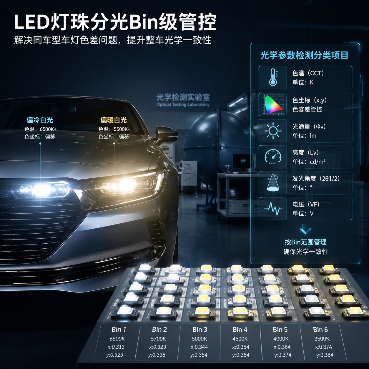 横版科技工业风构图，展示汽车LED车灯灯珠分光Bin级色差管控的核心问题场景。画面左侧为一辆现代汽车前脸，两侧前大灯同时点亮，其中一个灯光呈偏冷白色，另一个呈轻微偏暖白色，用于表现同车型车灯因LED光源参数差异产生的视觉色差；画面右侧展示多个排列整齐的LED灯珠样品，通过半透明信息面板标注“色温、色坐标、光通量、亮度、发光角度、电压参数”等检测分类项目，体现LED灯珠经过光学参数检测后按照Bin范围管理的过程。整体采用真实汽车照明实验室环境，高精度摄影结合科技数据可视化元素，突出汽车LED光源一致性控制主题，横向留白适合公众号排版。 English: Automotive LED binning color consistency control, car headlights comparison, optical measurement laboratory, technical infographic style.