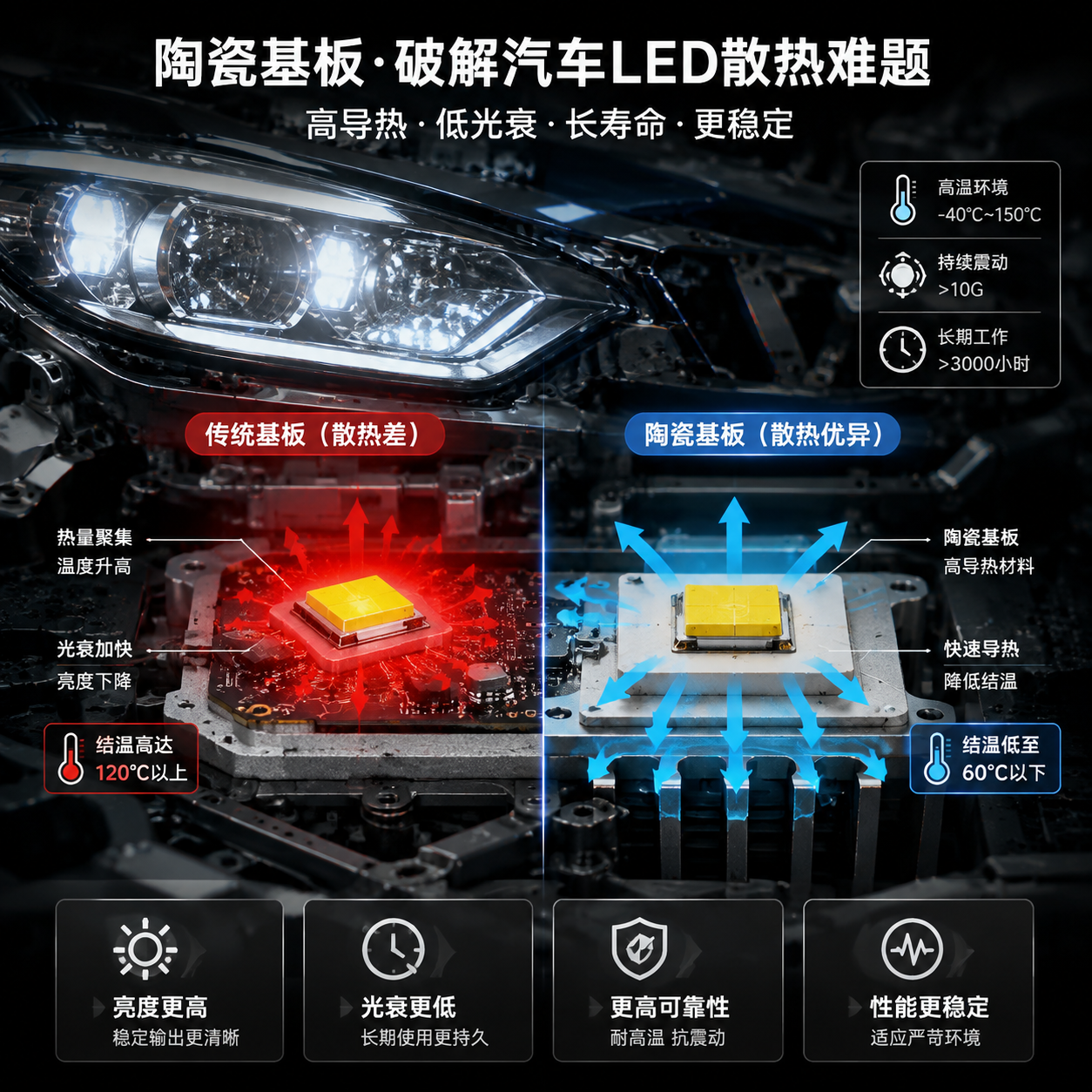 汽车LED灯珠散热问题及陶瓷基板解决方案示意图,左侧显示高热量LED芯片,右侧展示陶瓷基板高效散热结构