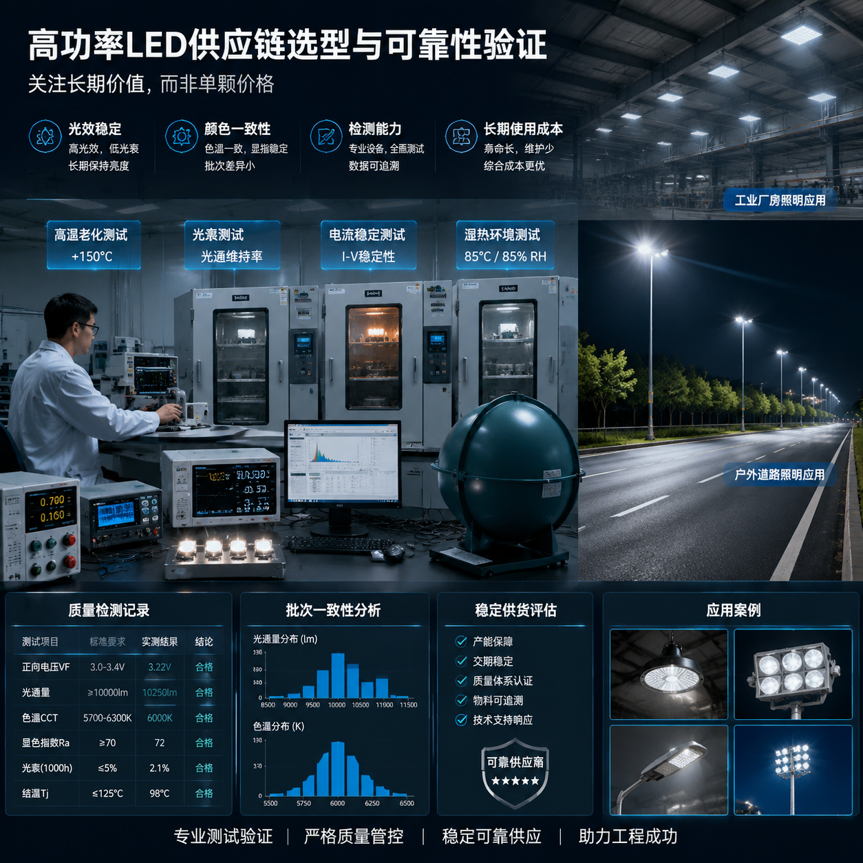 横版应用总结场景图，展示高功率LED供应链选型与可靠性验证过程。画面主体为LED封装测试实验室与实际照明项目结合场景，一侧显示工程人员进行高温老化测试、光衰测试、电流稳定测试和湿热环境测试，另一侧展示安装在工业厂房、户外道路照明设备中的高亮灯具。画面加入质量检测记录、批次一致性分析图表、稳定供货评估元素，体现采购时关注光效稳定、颜色亮度一致性、检测能力和长期使用成本，而非只看单颗价格。整体采用真实工业摄影结合科技信息叠加风格，横向构图，突出可靠性和工程落地价值。English note: LED reliability testing laboratory, industrial lighting projects, quality control and engineering evaluation.