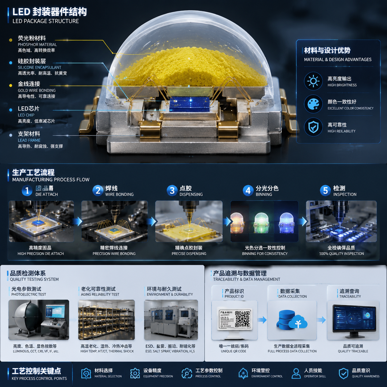 横版构图，展示LED封装产品品质与生产工艺的技术拆解示意图。画面中央为一颗LED封装器件的放大剖面结构，清晰展示LED芯片、荧光粉材料、硅胶封装层、支架材料、金线连接等组成部分，并通过流程箭头连接固晶、焊线、点胶、分光分色、检测五个生产环节。旁侧加入检测设备场景，显示光电参数测试、老化测试和产品追溯流程的工业信息图元素。整体融合精密电子显微展示与工程流程图风格，突出材料选择、工艺控制对亮度一致性、颜色稳定性和可靠性的影响。 -- LED package structure diagram, manufacturing process flow, semiconductor technology illustration