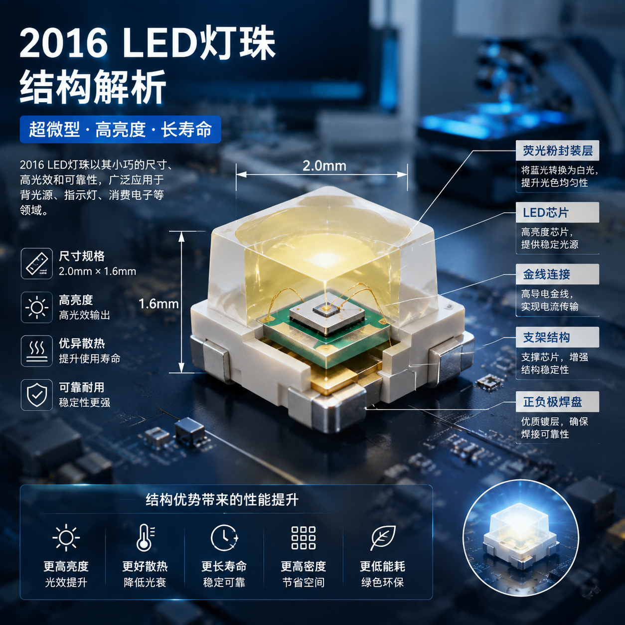 2016灯珠内部结构剖面图,展示其微小尺寸及LED芯片、金线、荧光粉等组成部分