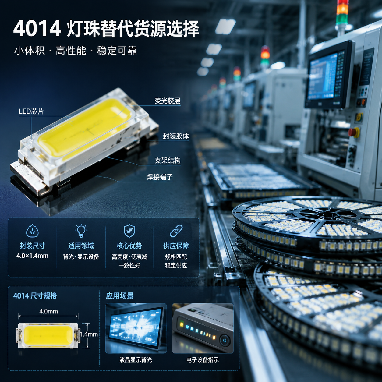 横版科技工业风构图，表现4014灯珠替代货源选择的核心主题。画面左侧展示一颗微型SMD LED 4014灯珠的高清微距拆解视角，可看到LED芯片、封装支架、荧光胶、焊接结构和透明封装胶体等内部结构；右侧展示电子制造工厂中的LED灯珠生产线、检测设备和排列整齐的灯珠料盘，突出尺寸约4.0×1.4mm、小体积、高密度贴装特点。画面中加入简洁参数信息视觉元素：封装尺寸4.0×1.4mm、适用于背光和显示设备，体现企业寻找稳定替代供应渠道时关注规格匹配、光学性能和供应稳定性的场景。整体采用真实产品摄影结合精密工业可视化风格，冷色科技光影，适合公众号文章开篇吸引读者。English note: industrial macro photography, SMD LED component structure, high-tech manufacturing scene, horizontal layout.