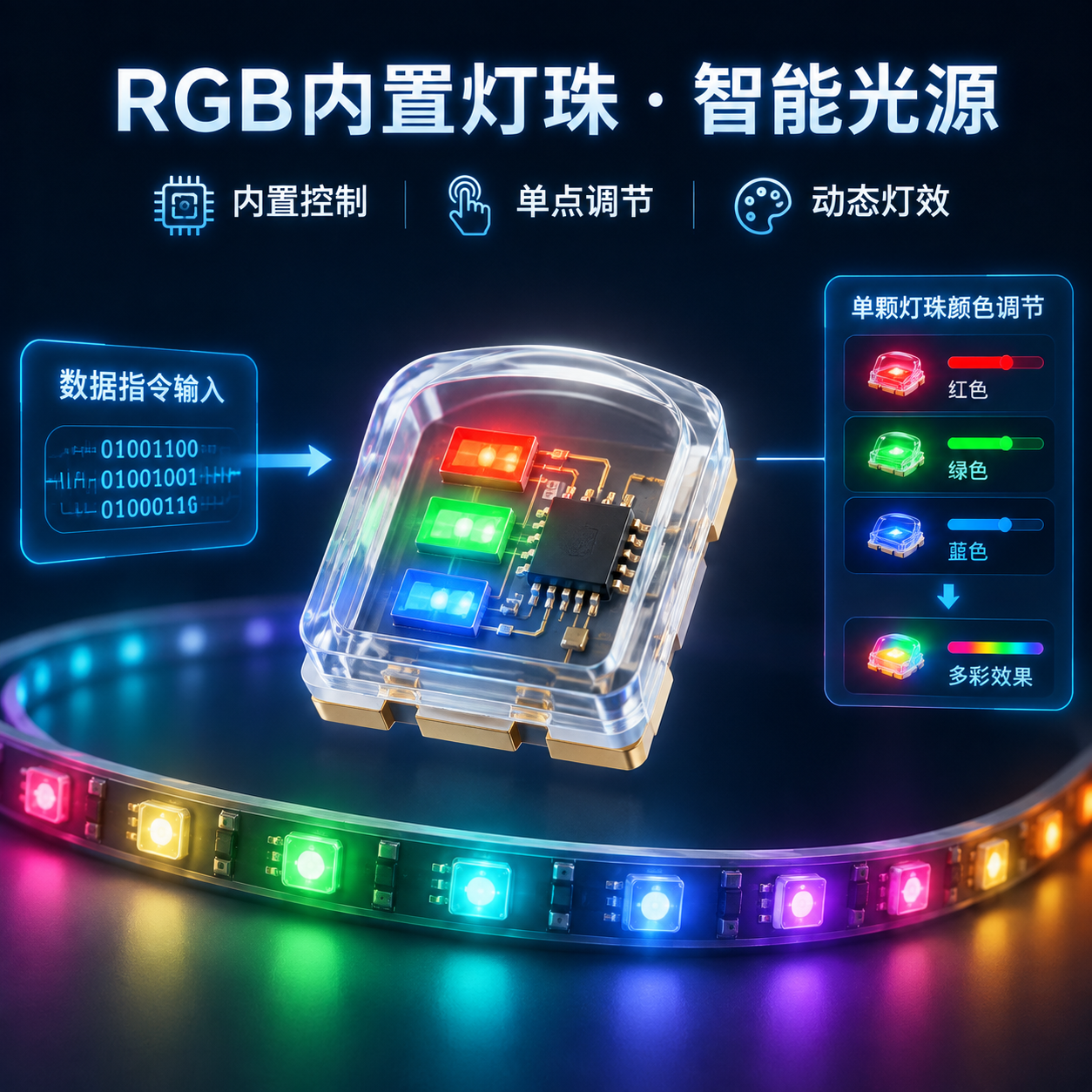 RGB内置灯珠智能光源的核心概念场景,透明封装剖面显示红绿蓝LED芯片与微型控制IC,旁边智能灯带呈现红绿混色黄色、RGB多彩变化,突出内置控制单点调节动态灯效,高精度3D渲染横版构图