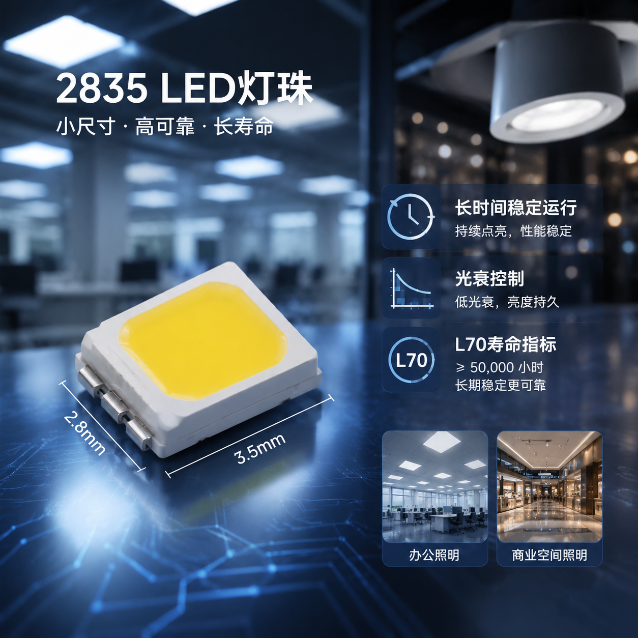横版科技照明主题配图,展示一颗2835封装LED灯珠的微观产品概念场景,画面中心为小尺寸SMD灯珠结构放大展示,突出2.8×3.5mm封装尺寸特点,旁边以简洁信息标注形式呈现“长时间稳定运行”“光衰控制”“L70寿命指标”等核心关键词。背景结合现代办公照明、商业空间灯具的虚化光源效果,体现灯珠从微型元件到照明应用的关联,整体采用高清工业摄影风格,冷色科技光影,突出可靠性与长期稳定性的文章主题。English note: High-tech LED component visualization, long lifespan lighting concept, horizontal composition.
