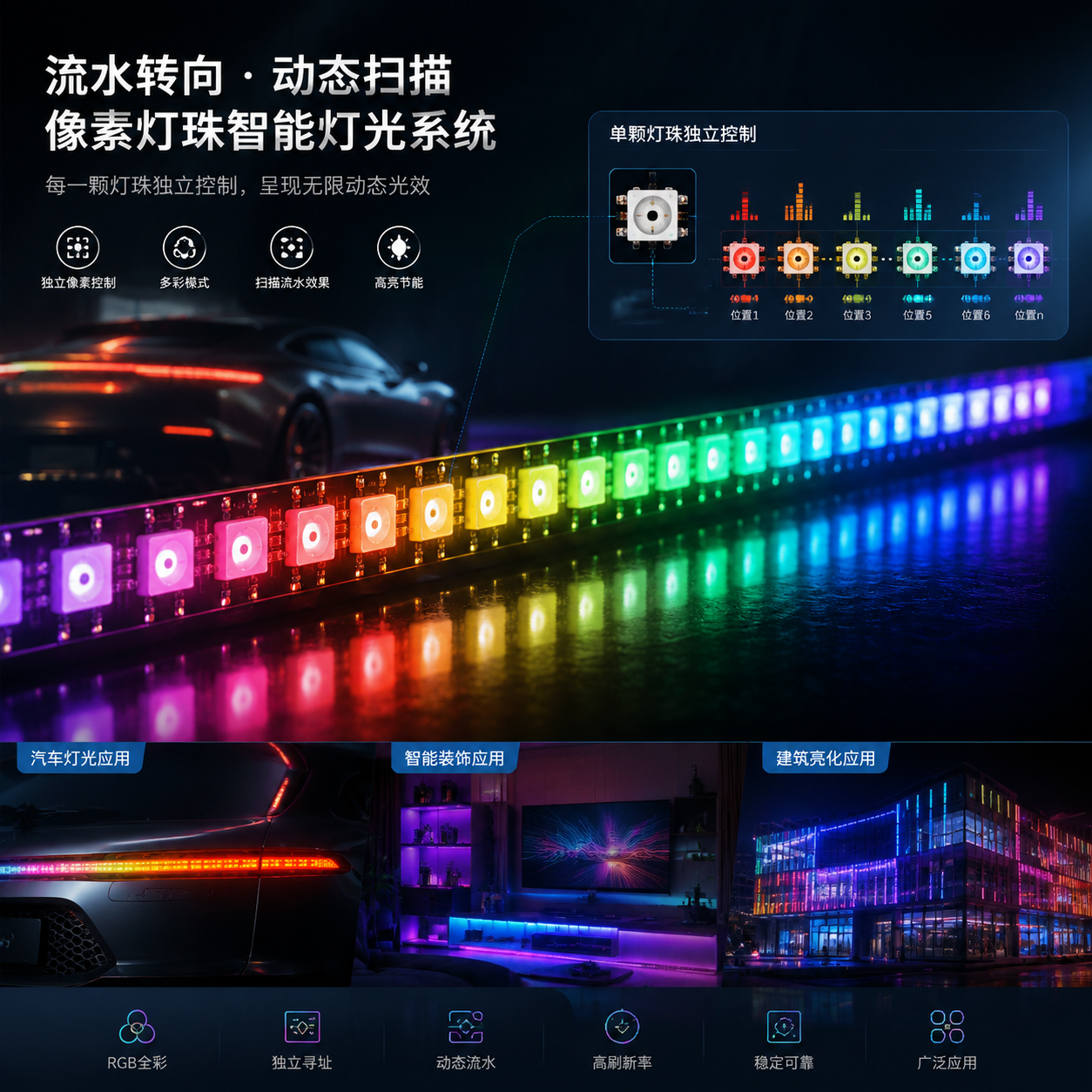 流水转向动态扫描像素灯珠智能灯光系统