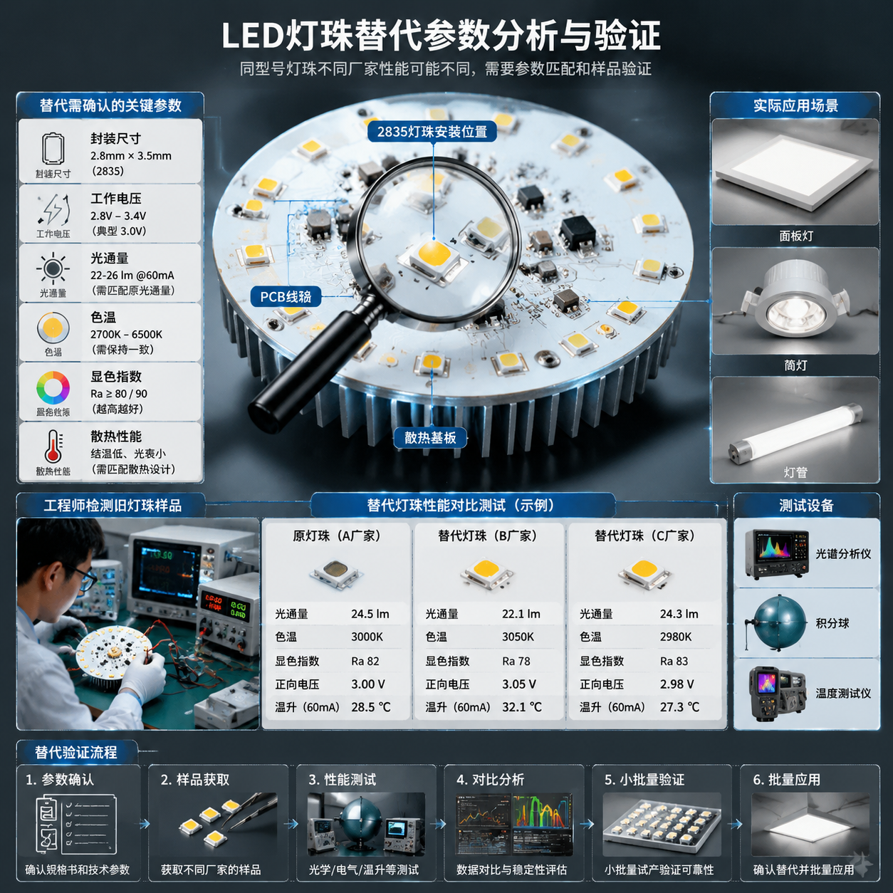 横版构图，制作一张LED灯珠替代参数分析示意图，中心展示一块LED灯板局部放大结构，清晰看到2835贴片灯珠安装位置、PCB线路和散热结构。周围以信息标注形式展示替代时需要确认的关键参数：封装尺寸、工作电压、光通量、色温、显色指数、散热性能，并加入面板灯、筒灯、灯管等实际应用缩略场景。画面表现工程师通过检测仪器测试旧灯珠样品，比较替代灯珠的亮度、色温和温升数据，体现“同型号灯珠不同厂家性能可能不同，需要参数匹配和样品验证”的技术逻辑。采用高精度工业产品摄影结合科技信息图表风格，横版16:9比例