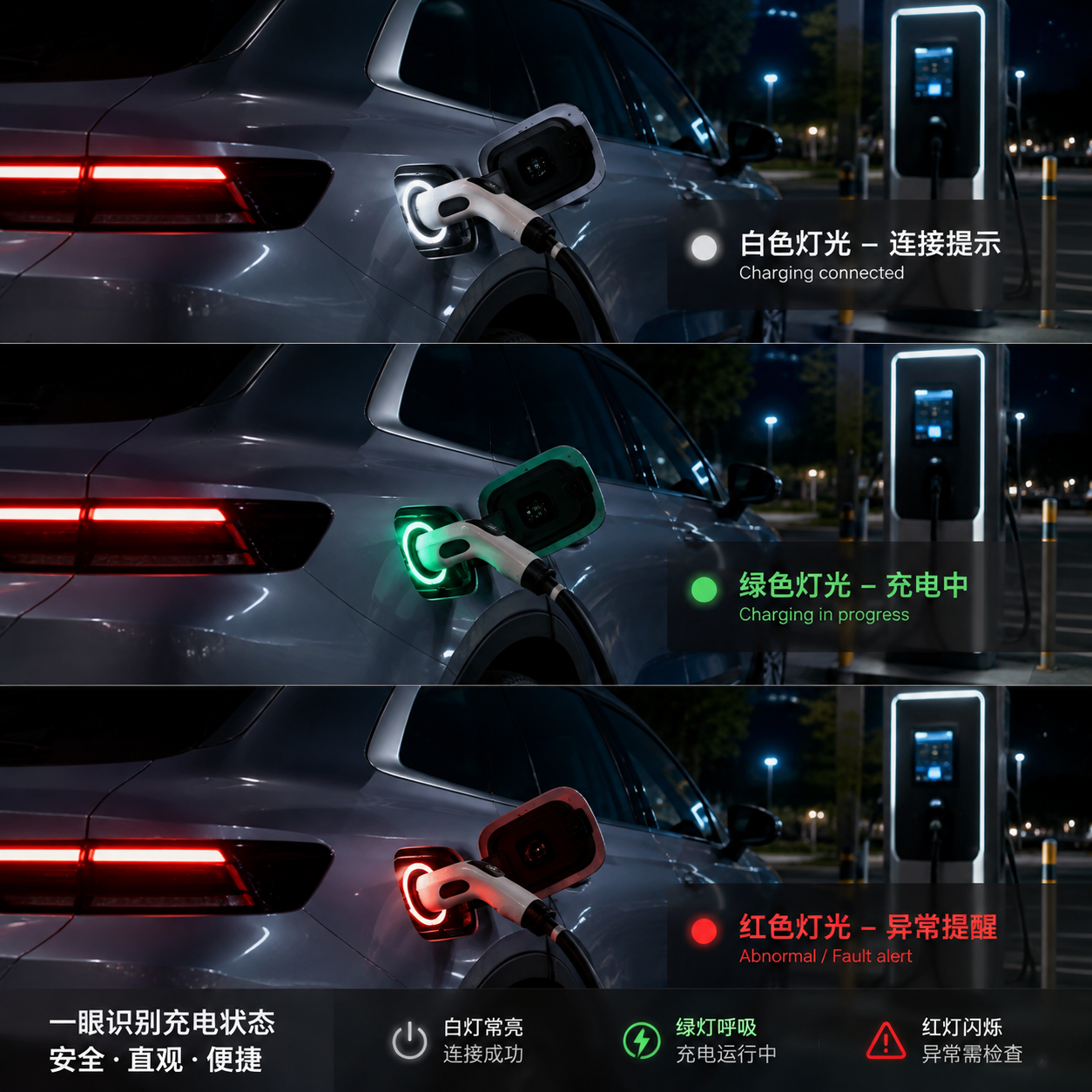 横版科技实景构图，展示新能源汽车夜间充电场景，车辆侧后方视角，充电接口附近安装小型LED提示灯珠，灯光呈现白色开启提示、绿色呼吸充电状态和红色异常提醒三种状态的视觉对比；画面中突出用户通过充电口灯光快速判断充电枪连接、充电运行和异常情况的交互体验，加入轻微夜景环境光、清晰可见的接口结构和智能车辆氛围，体现充电口提示灯珠作为状态显示元件的核心作用。整体采用真实汽车摄影风格，横向排版适合文章开篇展示。 English note: Electric vehicle charging port LED status indicator at night, realistic automotive photography style, horizontal composition.