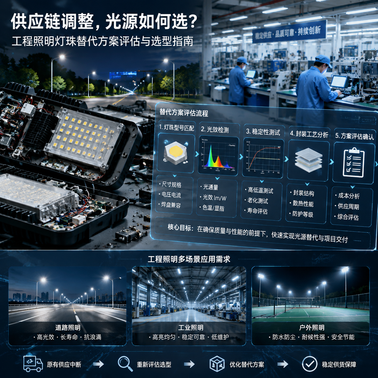 横版科技资讯封面图,表现工程照明灯珠供应链调整场景。画面左侧展示一批工程照明灯具拆解状态,内部LED灯珠模块清晰可见,右侧展示替代方案评估流程,包括灯珠型号匹配、光效检测、稳定性测试、封装工艺分析等半透明信息面板。背景为现代化LED生产车间与工程照明项目环境融合,突出原有供应中断后企业重新选择光源方案的主题,体现道路照明、工业照明、户外照明等应用需求。整体采用真实工业摄影结合科技信息图风格,冷色灯光,高细节,横向构图适合公众号文章开篇。English note: industrial LED supply chain transition, engineering lighting replacement concept, horizontal composition.