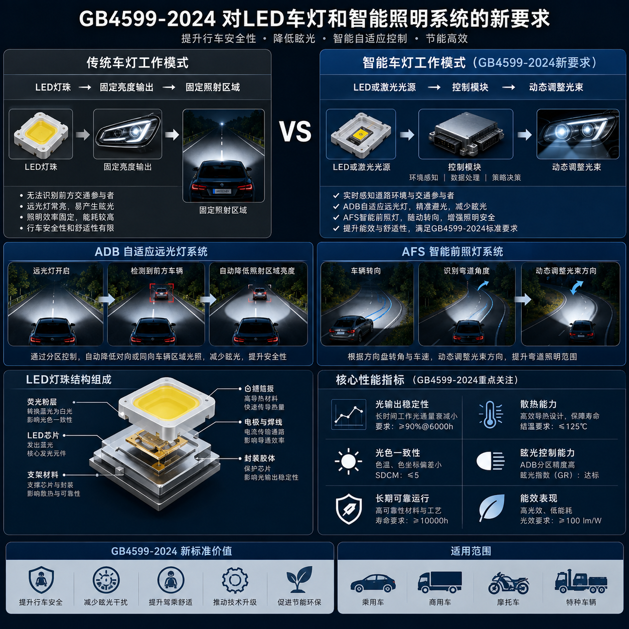 横版技术原理示意图，围绕GB4599-2024对LED车灯和智能照明系统的新要求展开。画面采用左右对比结构，左侧展示传统车灯工作模式“LED灯珠→固定亮度输出→固定照射区域”，右侧展示智能车灯模式“LED或激光光源→控制模块→动态调整光束”，突出ADB自适应远光灯和AFS智能前照灯系统的工作逻辑。画面中加入车辆前方道路环境，模拟检测到前方车辆后自动降低对应区域光照，减少眩光影响的效果。旁边展示LED灯珠结构细节，包括芯片、荧光粉、支架材料、导热基板等封装组成，并标注光输出稳定性、散热能力、光色一致性、长期可靠运行等核心指标。整体为汽车照明工程分析图风格，清晰、专业、横版排版。English note: Automotive LED lighting system diagram, ADB and AFS adaptive beam control, semiconductor light source structure, engineering infographic.