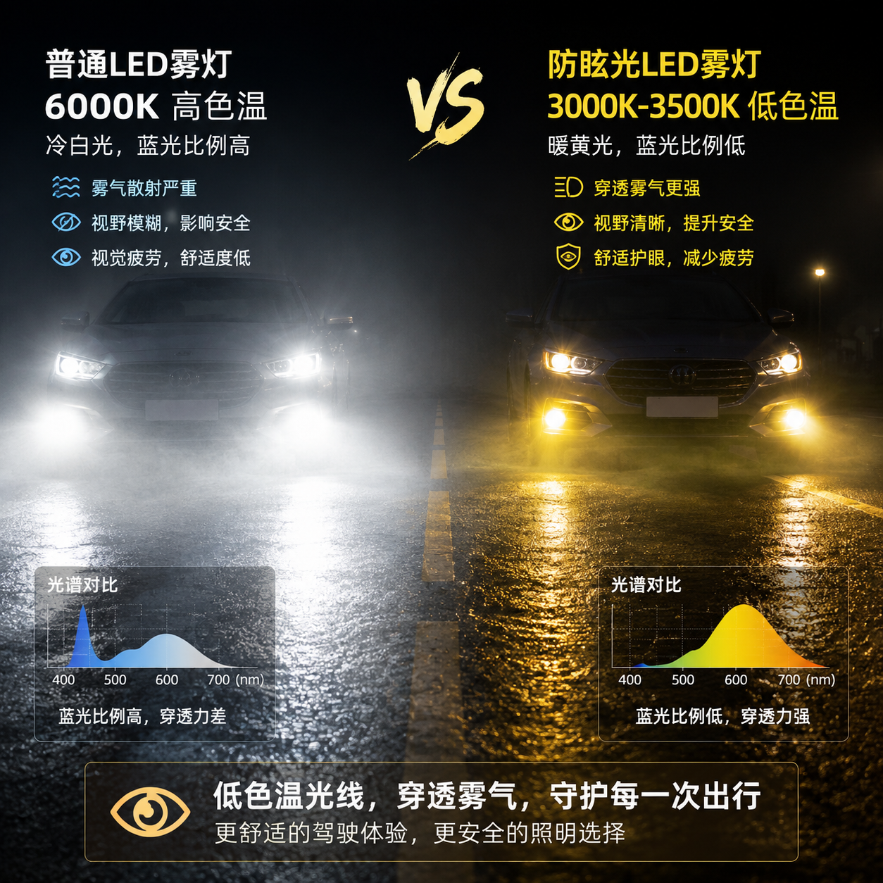 横版科技产品场景图,展示雨雾天气下汽车雾灯照明效果。画面左侧为普通6000K左右高色温LED雾灯,冷白光照射在浓雾中形成明显白色光幕,影响道路视野;画面右侧为3000K-3500K低色温防眩光LED雾灯,呈现柔和暖黄色光线,穿透雾气后道路轮廓更加清晰。突出对比雾气散射、短波蓝光比例差异、驾驶视觉舒适度变化,背景为夜间湿润道路、车辆前脸和低能见度环境,采用真实汽车照明摄影风格,横向构图,适合公众号首图展示。English: realistic automotive fog lamp comparison, warm low color temperature light versus cool LED glare in fog, horizontal composition.