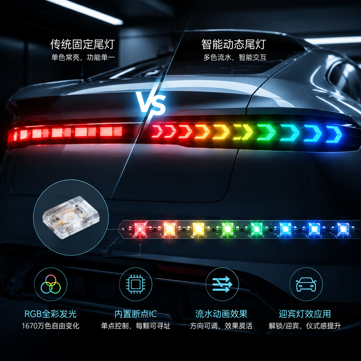 智能汽车尾灯近距离实拍效果，尾灯内部多颗内置断点 IC 幻彩流水 LED 灯珠依次点亮形成红蓝绿彩渐变流水动画，左侧对比固定亮起传统尾灯，右侧动态效果，突出从固定照明到智能动态交互的变化，高端汽车工业摄影风格
