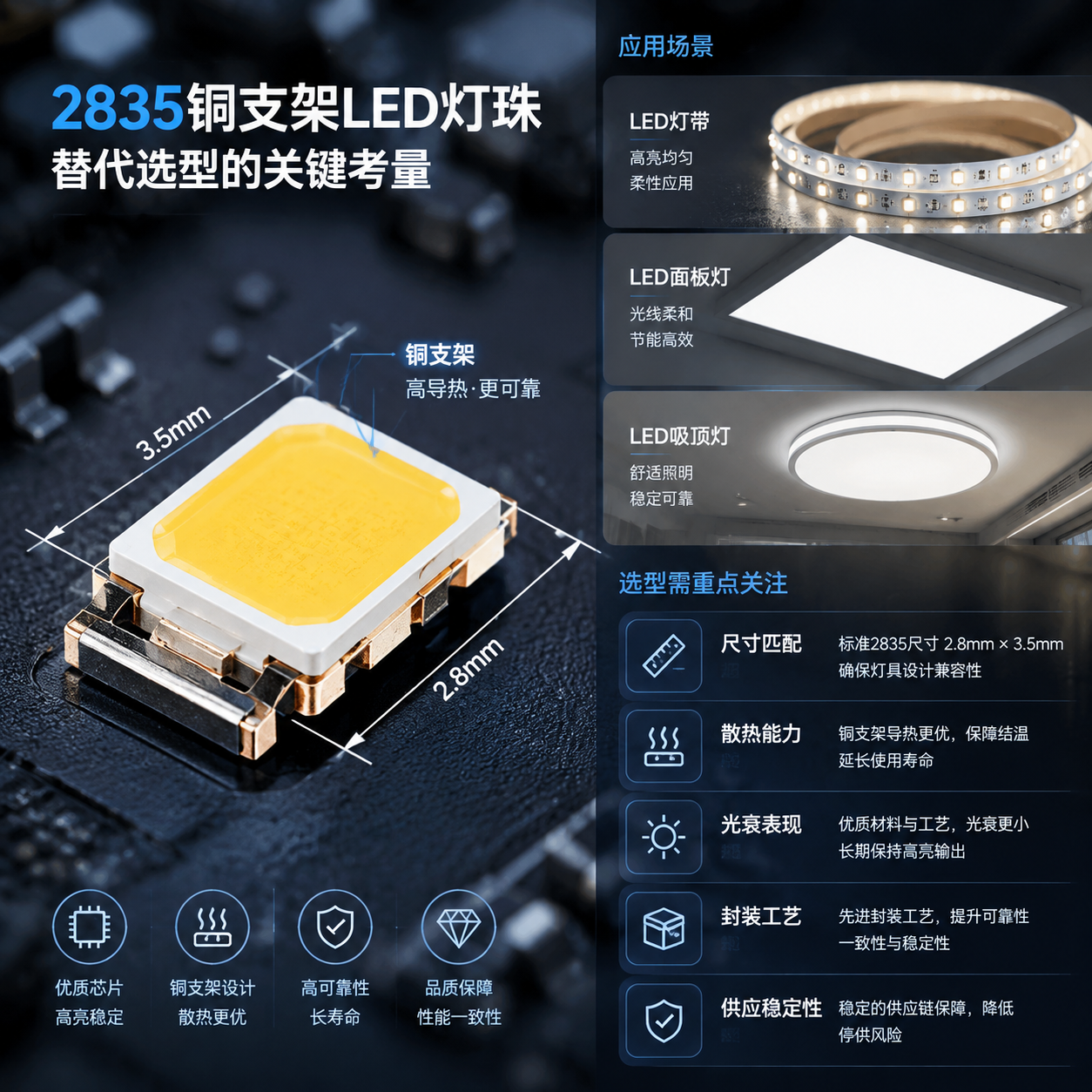 横版科技产品主题图，表现2835铜支架LED灯珠替代选型的核心问题。画面左侧展示微型2835 LED灯珠放大实拍效果，突出2.8mm×3.5mm封装尺寸、金属支架结构和精密芯片细节；右侧展示灯带、面板灯、吸顶灯等室内照明应用场景，通过简洁的信息标注体现选型需要关注尺寸、散热能力、光衰表现、封装工艺和供应稳定性。整体采用工业摄影风格，高清微距镜头，冷色科技光影，适合文章开篇吸引读者。
