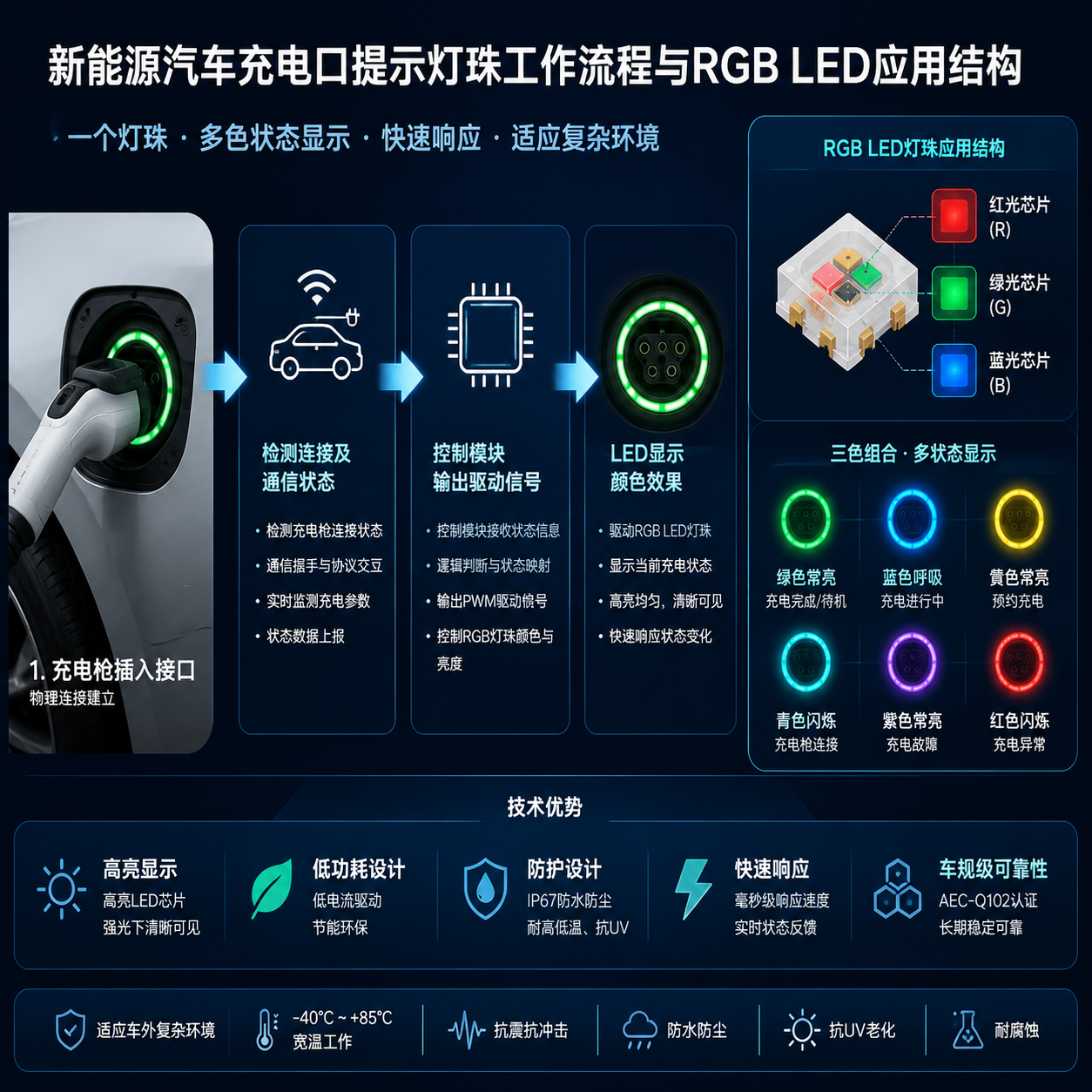 横版技术原理示意图，展示新能源汽车充电口提示灯珠工作流程与RGB LED应用结构。画面左侧为充电枪插入车辆接口，中间依次连接“检测连接及通信状态”“控制模块输出驱动信号”“LED显示颜色效果”的流程箭头，右侧展示RGB LED灯珠红绿蓝三色组合产生多状态显示效果；同时加入灯珠高亮、低功耗、防护设计等技术标识，体现一个灯珠实现多颜色控制、快速响应和适应车外复杂环境的特点。整体为清晰工业信息图风格，使用横版布局，突出技术逻辑和产品应用关系。 English note: EV charging port LED working principle diagram with RGB LED technology, industrial infographic, horizontal layout.