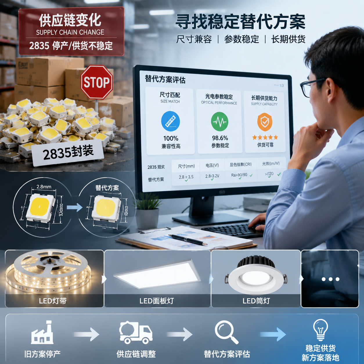 横版构图，表现LED采购商面对2835灯珠供应变化时寻找稳定替代方案的场景。画面左侧展示一批标注为“2835封装”的LED灯珠元件与暂停生产的供应链示意，右侧展示采购工程师在电脑前进行供应商评估，屏幕中呈现尺寸匹配、光电参数稳定、长期供货能力三个评估指标的可视化界面。背景加入LED灯带、面板灯、筒灯等常见照明产品的应用缩影，突出从旧方案切换到新方案的供应链调整过程，科技工业风格，真实企业采购场景，光线明亮，适合公众号文章开篇吸引阅读。英文注释：LED procurement supply chain transition, 2835 LED replacement evaluation, industrial technology scene.