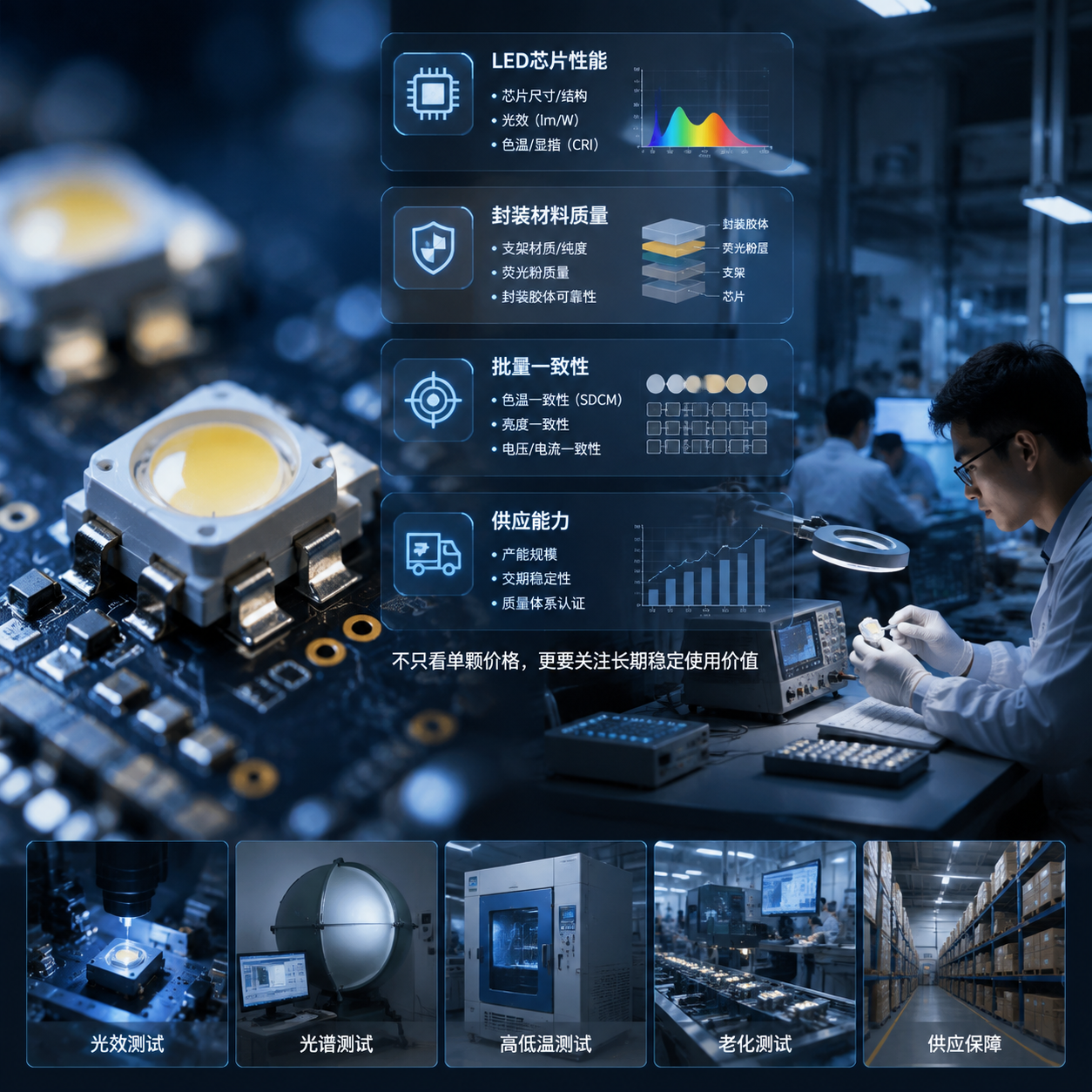 横版科技产品分析场景，表现SMD贴片灯珠供应商对标主题。画面左侧为放大的微型LED贴片灯珠实物与线路板，右侧为企业工程师在实验室中进行芯片、封装材料、光效、稳定性、一致性和供应能力的综合评估。背景加入半透明信息面板，展示“LED芯片性能”“封装材料质量”“批量一致性”“供应能力”四个核心评估维度，体现企业采购时不能只看单颗价格，需要关注长期稳定使用价值。整体采用高端工业摄影风格，冷色科技光影，横向构图，适合公众号文章开篇视觉展示。English note: high-tech LED component supplier evaluation scene, industrial photography style, horizontal layout.