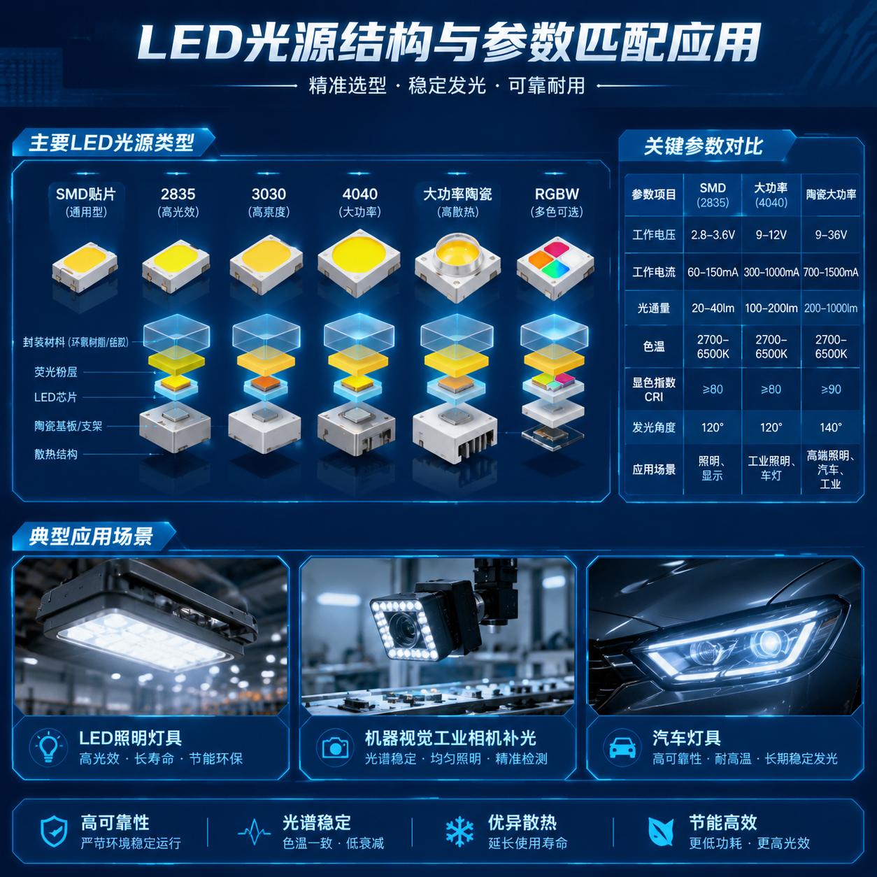 横版LED灯珠替换产品类型和参数匹配技术示意图,中心展示SMD贴片灯珠2835/3030/4040、大功率陶瓷灯珠、RGBW特殊颜色灯珠剖面结构,旁边参数对比面板(电压电流光通量色温CRI发光角度),背景融合LED照明灯具、机器视觉工业相机补光、汽车灯具应用场景