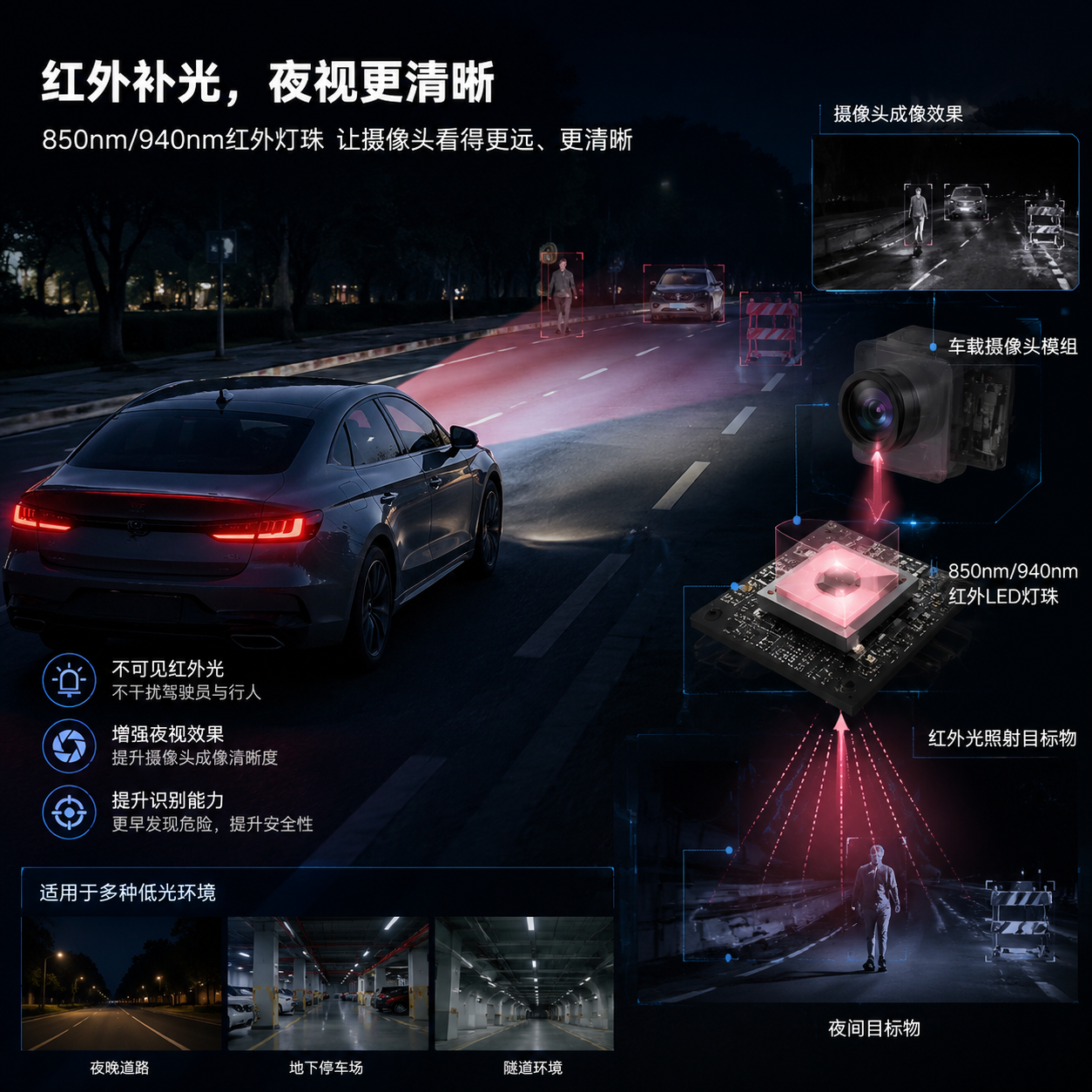 夜间汽车视觉感知系统应用场景:现代汽车行驶夜晚道路,前方弱光环境下850nm/940nm红外补光灯珠辅助车载摄像头成像,前方有人车障碍物轮廓清晰,右侧半透明剖面展示红外LED灯珠安装于摄像头模组旁,红外光辅助摄像头接收反射光生成夜视画面,突出补光非照亮道路而提升识别能力,汽车电子宣传风格高清写实横版