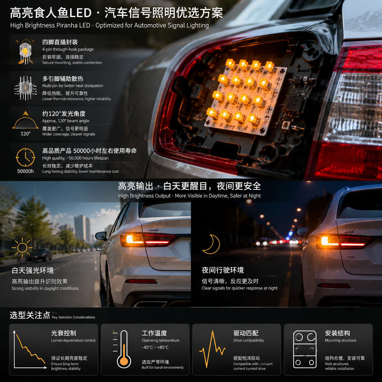 食人鱼封装转向灯高亮灯珠(汽车信号照明应用解析)