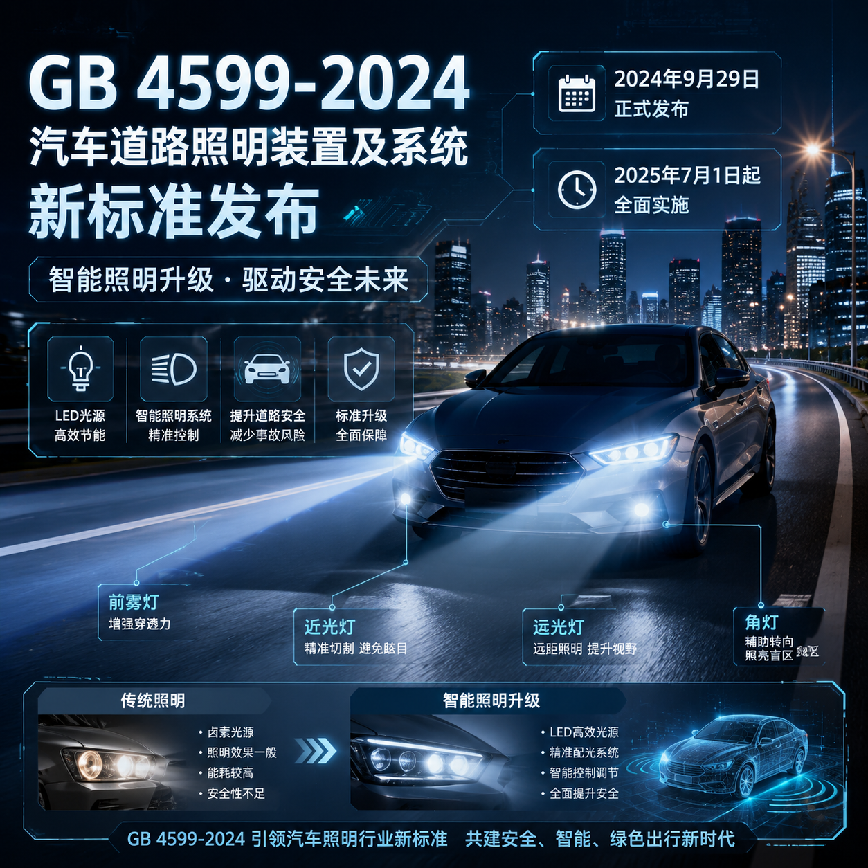 横版科技资讯封面图，展示GB4599-2024汽车道路照明装置及系统新标准发布后的汽车照明升级场景。画面主体是一辆现代汽车夜间行驶在城市道路上，前大灯发出精准切割的LED光束，体现近光灯、远光灯、前雾灯、角灯等多种汽车照明系统融合。背景加入半透明科技信息界面，呈现“GB 4599-2024”“2024年9月29日发布”“2025年7月1日起实施”等关键时间节点信息，以及LED光源、智能照明系统、道路安全等视觉元素。整体采用未来汽车工业风格，突出传统照明向智能照明升级的主题，横向构图，适合公众号文章开篇吸引读者。English note: Futuristic automotive lighting upgrade scene, LED headlights, intelligent vehicle lighting system, technology news cover, wide composition.