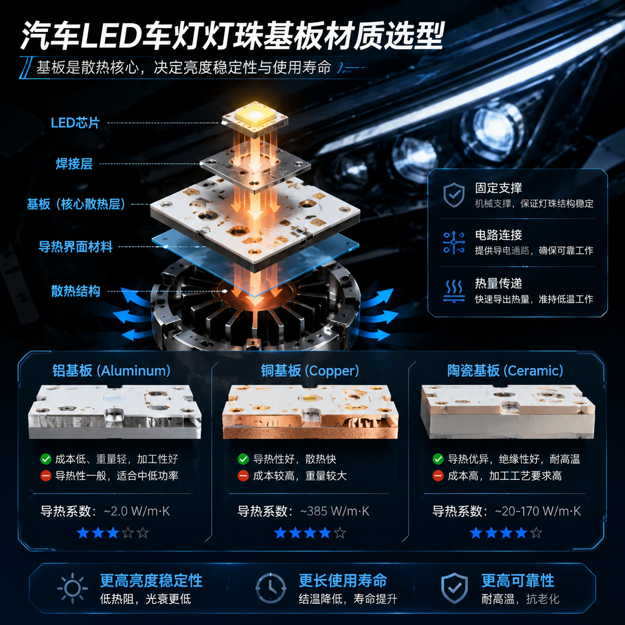 横版科技工业风构图,展示汽车LED车灯灯珠基板材质选型主题。画面中央为一枚拆解后的汽车LED光源模组,依次展开显示LED芯片、焊接层、基板和散热结构,旁边并列展示铝基板、铜基板、陶瓷基板三种材料截面,突出基板承担固定、电路连接和热量传递作用。加入热流箭头从LED芯片向基板扩散的可视化效果,表现散热对亮度稳定性和使用寿命的影响。背景为汽车前灯内部结构虚化场景,整体采用高精度产品渲染风格,体现汽车照明核心技术对比,横向布局适合文章开篇展示。