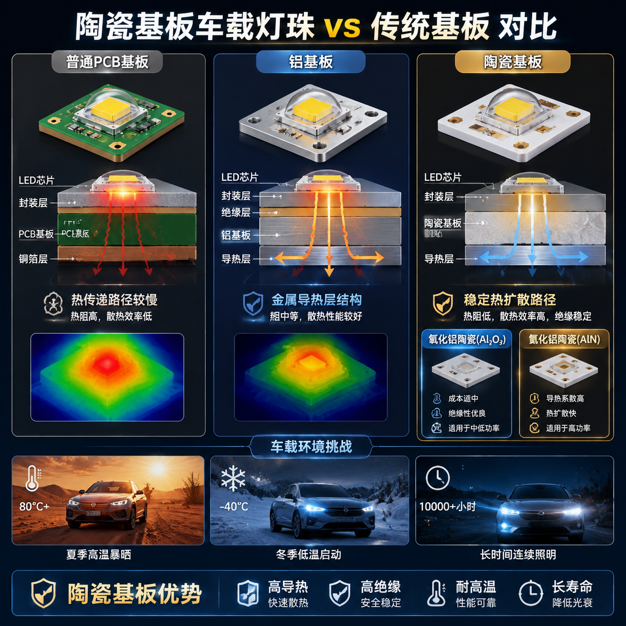 横版技术原理示意图,陶瓷基板与传统基板(普通PCB、铝基板)三栏对比,突出稳定热扩散路径和绝缘特点,含夏季高温暴晒、冬季低温启动等车载环境元素