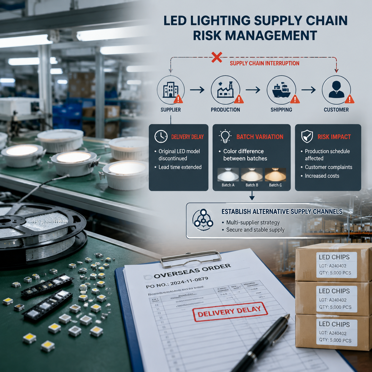 外贸灯具企业面对LED灯珠供应链变化的风险场景,画面左侧展示生产中的LED灯具与散装SMD灯珠,右侧呈现中断的供应链流程线、延期交付提示、不同批次灯珠颜色差异对比,以及海外订单文件和仓储库存,重点体现原有型号停止供应、交付周期延长、产品差异及建立备用供应渠道的需求,现代工业摄影风格,横版构图