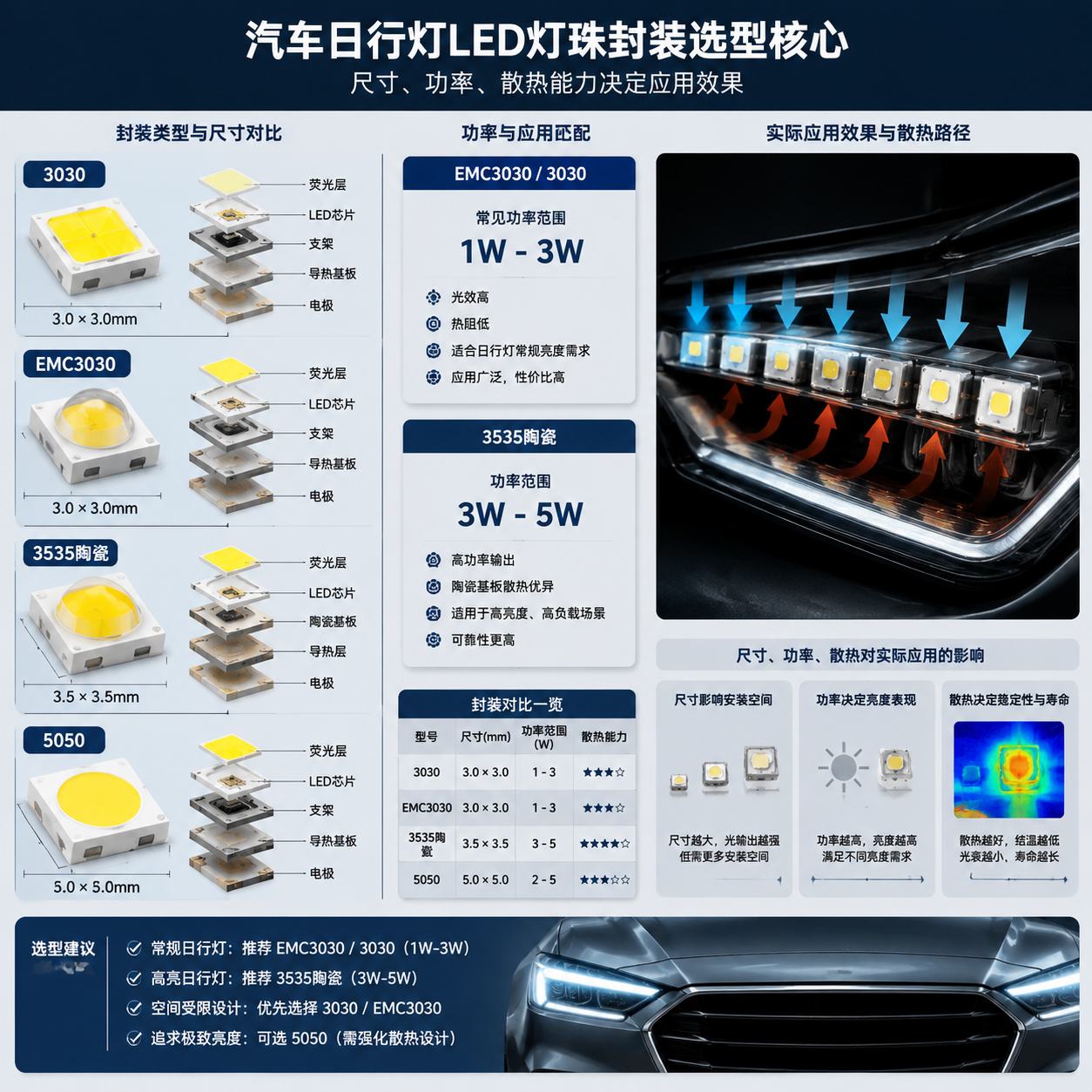 横版技术结构对比图,展示汽车日行灯LED灯珠封装选型核心内容。画面左侧为3030、EMC3030、3535陶瓷、5050四种LED封装结构的立体拆解示意,标注尺寸信息:3030和EMC3030为3.0×3.0mm,3535陶瓷为3.5×3.5mm,5050为5.0×5.0mm;中间以参数卡片形式展示功率范围:EMC3030和3030常见1W-3W,3535陶瓷适用于3W-5W高负载场景。右侧展示安装在汽车灯具内部的多颗LED组合效果,并加入散热路径箭头,体现尺寸、功率、散热能力对实际应用的影响。采用专业LED工程图与产品实拍结合风格,横版布局,无品牌文字。 (LED package comparison, automotive lighting engineering diagram, horizontal layout)