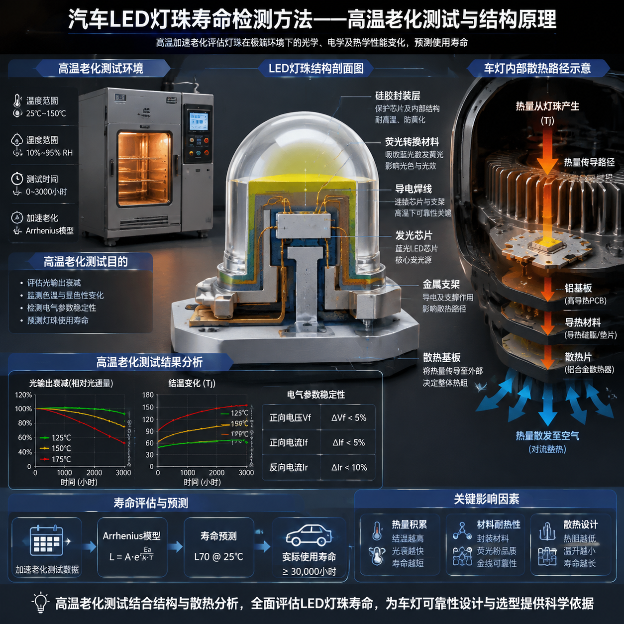 横版构图,重点表现汽车LED灯珠寿命检测方法中的高温老化测试与结构原理。画面中心为一颗放大的LED车灯灯珠剖面示意图,依次展示发光芯片、金属支架、导电焊线、荧光转换材料、硅胶封装层以及散热基板结构;周围连接高温测试环境模拟设备,显示芯片温度变化、光输出下降、电气参数稳定性检测等信息。画面另一侧加入汽车灯具内部散热片、铝基板和导热材料的热传递路径示意,用箭头表现热量从灯珠向外释放的过程。采用科技说明图与工程剖面图结合风格,突出热量积累、材料耐热能力和散热设计对寿命的影响。English note: LED chip cross section, thermal aging analysis, engineering infographic style, horizontal layout.