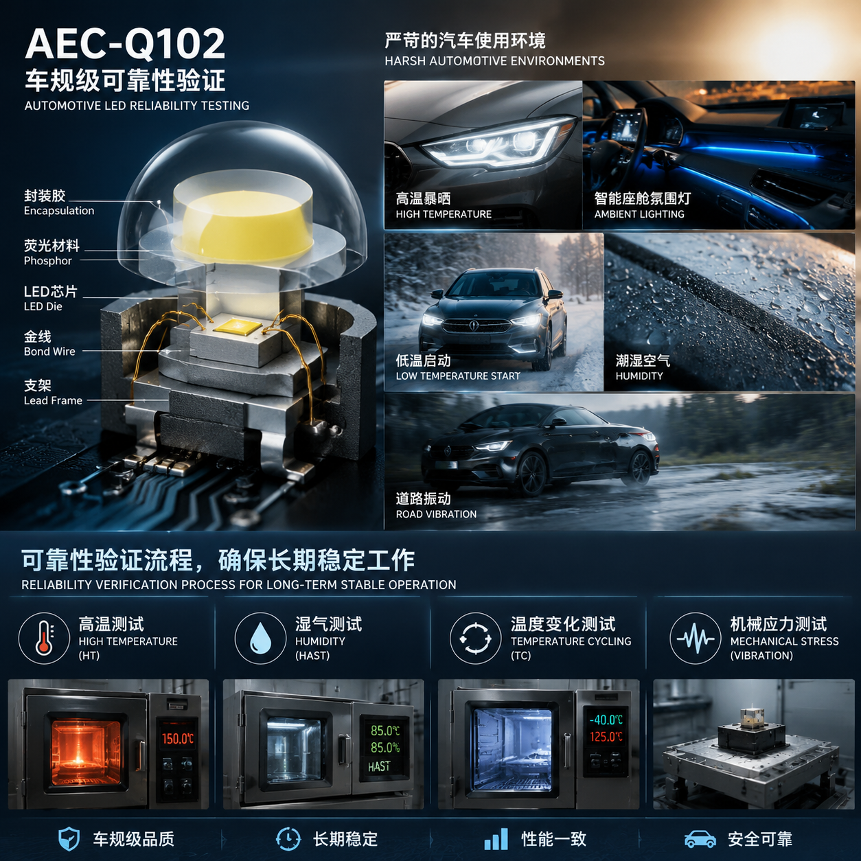 AEC-Q102车规可靠性验证主题:汽车LED光电器件剖面放大示意(芯片、支架、金线、封装胶、荧光材料)与汽车高温暴晒、低温启动、潮湿空气、道路振动环境模拟,横版科技工业风构图,突出长期稳定工作理念