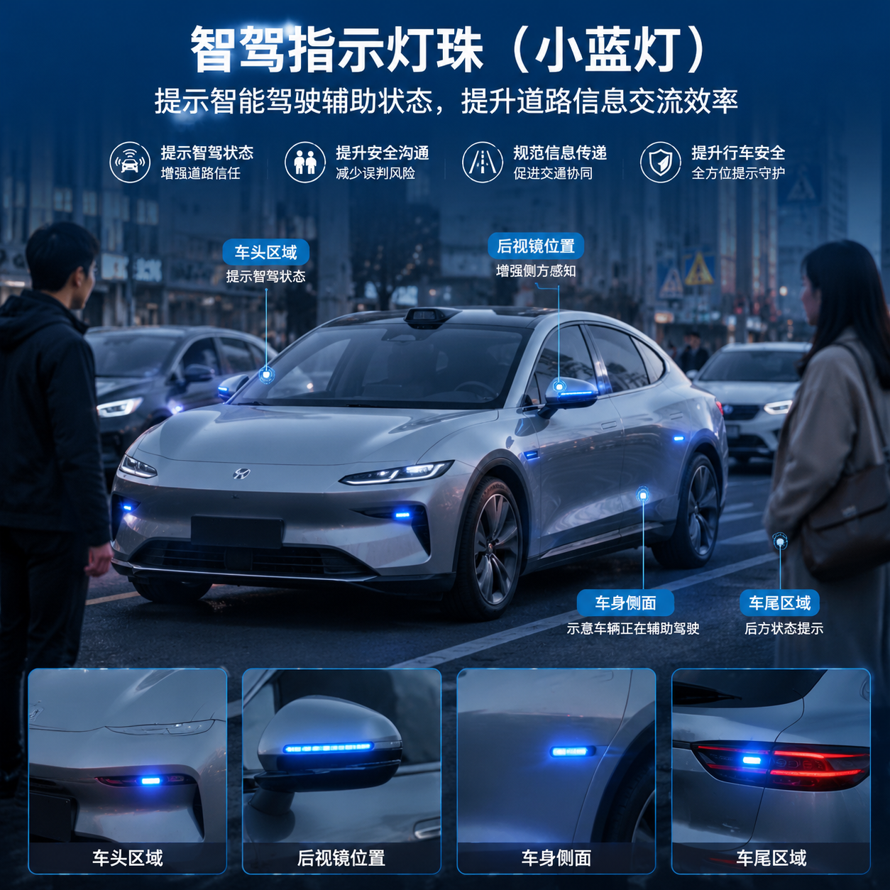 智能汽车小蓝灯安装位置与道路交互场景示意图