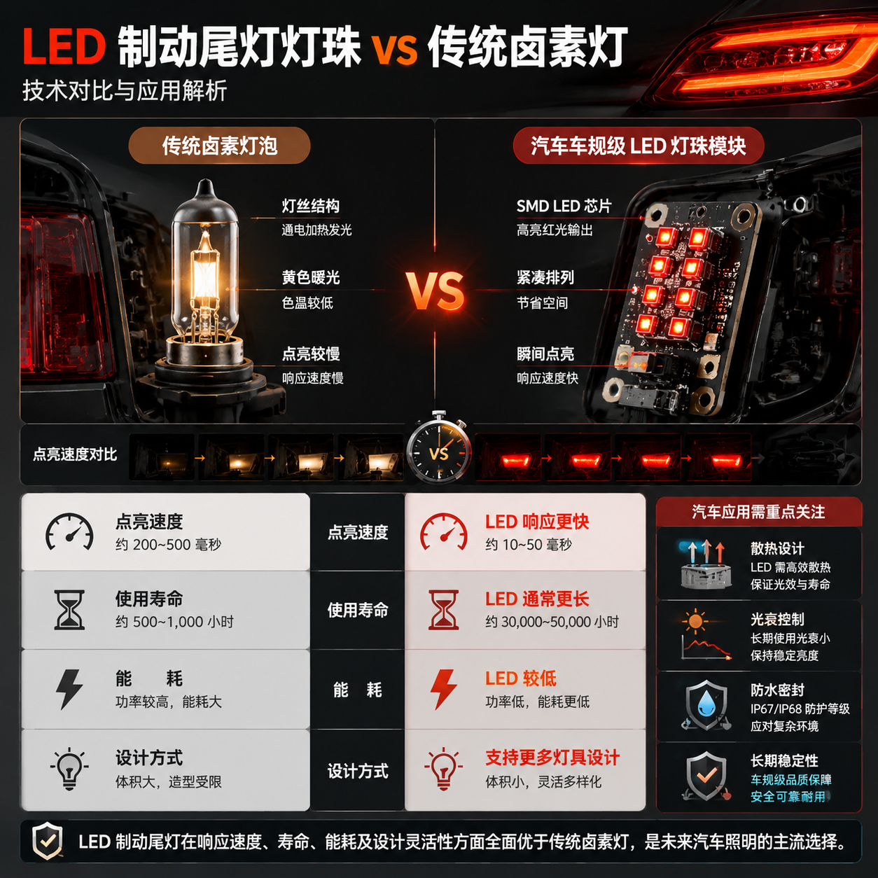 横版技术对比信息图,围绕 LED 制动尾灯灯珠与传统卤素灯区别设计。画面中心展示两种光源拆解对比:左侧为传统卤素灯泡,包含灯丝结构、黄色暖光、较慢点亮效果;右侧为汽车车规级 LED 灯珠模块,展示红色 SMD LED 芯片封装、紧凑排列和快速发光效果。下方以参数卡片形式呈现原文对比内容:点亮速度(LED 响应更快)、使用寿命(LED 通常更长)、能耗(LED 较低)、设计方式(支持更多灯具设计)。背景加入汽车尾灯内部结构、散热区域和防水密封设计示意,体现实际汽车应用需要关注散热、光衰、防水和长期稳定性。整体为专业工业设计信息图风格,横版构图。 English note: LED vs halogen automotive lighting comparison infographic, technical industrial design, horizontal layout.