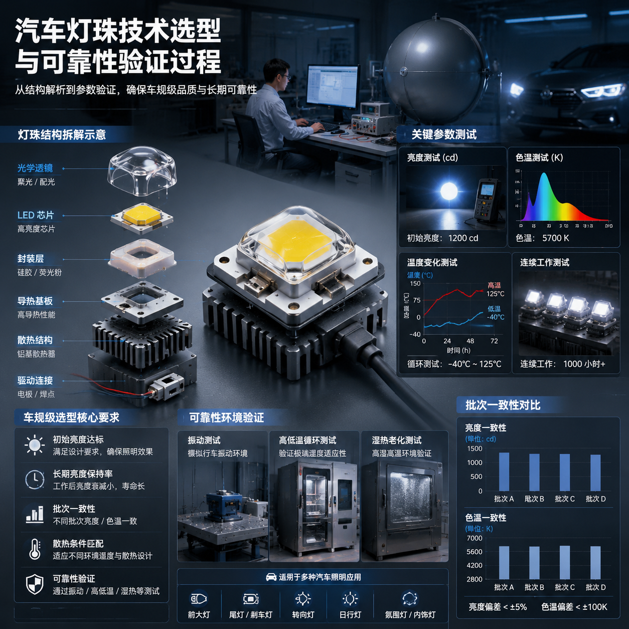 汽车灯珠技术选型与可靠性验证过程:拆解的LED灯珠模组清晰显示芯片、封装层、散热结构、驱动连接等内部结构,旁侧参数检测场景包括亮度测试、色温检测、温度变化测试及批次一致性对比,背景为汽车照明实验室,体现初始亮度、长期亮度变化、批次一致性及散热条件匹配