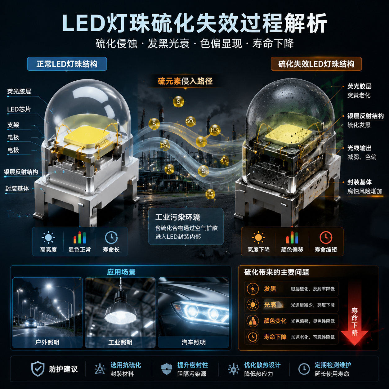 LED灯珠硫化失效过程示意图,横版科技工业风,展示正常LED封装剖面(芯片、支架、电极、银层)与硫化后银层黑化、光衰、光色偏移的对比,中间硫化物进入路径,背景户外工业汽车照明微缩场景