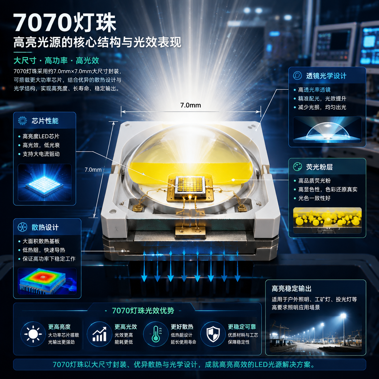 7070灯珠内部结构剖面图,突出芯片、封装、散热设计对光效的影响
